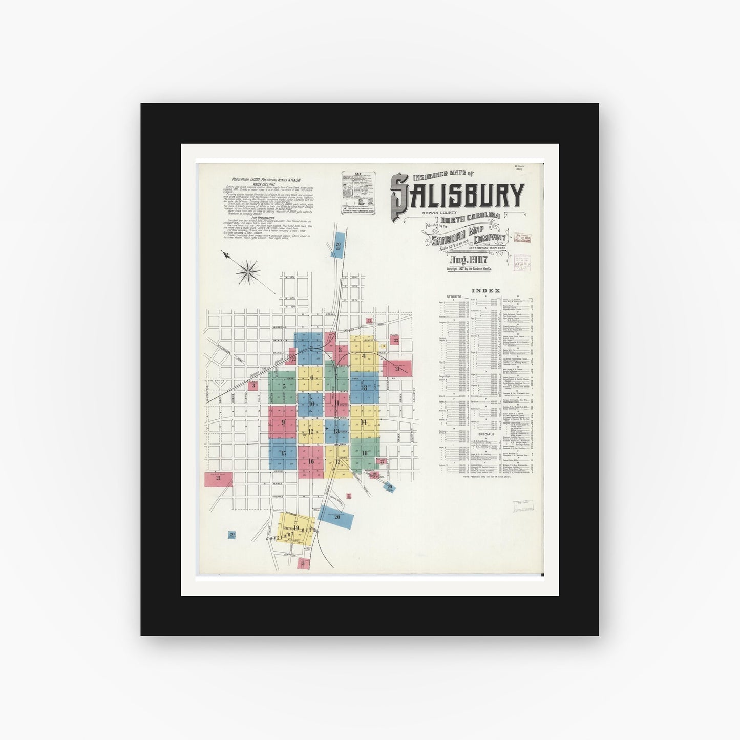 Old map wall art mockup — black gallery frame with white mat — Sanborn Fire Insurance Map from Salisbury, Rowan County, North Carolina (1907) - Complete Map Set