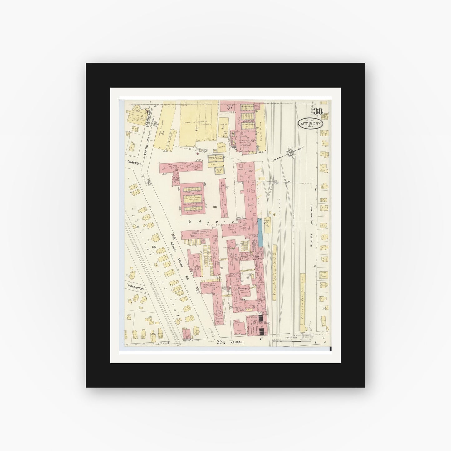 Old map wall art mockup — black gallery frame with white mat — Sanborn Fire Insurance Map from Battle Creek, Calhoun County, Michigan (1913), Sheet #0038