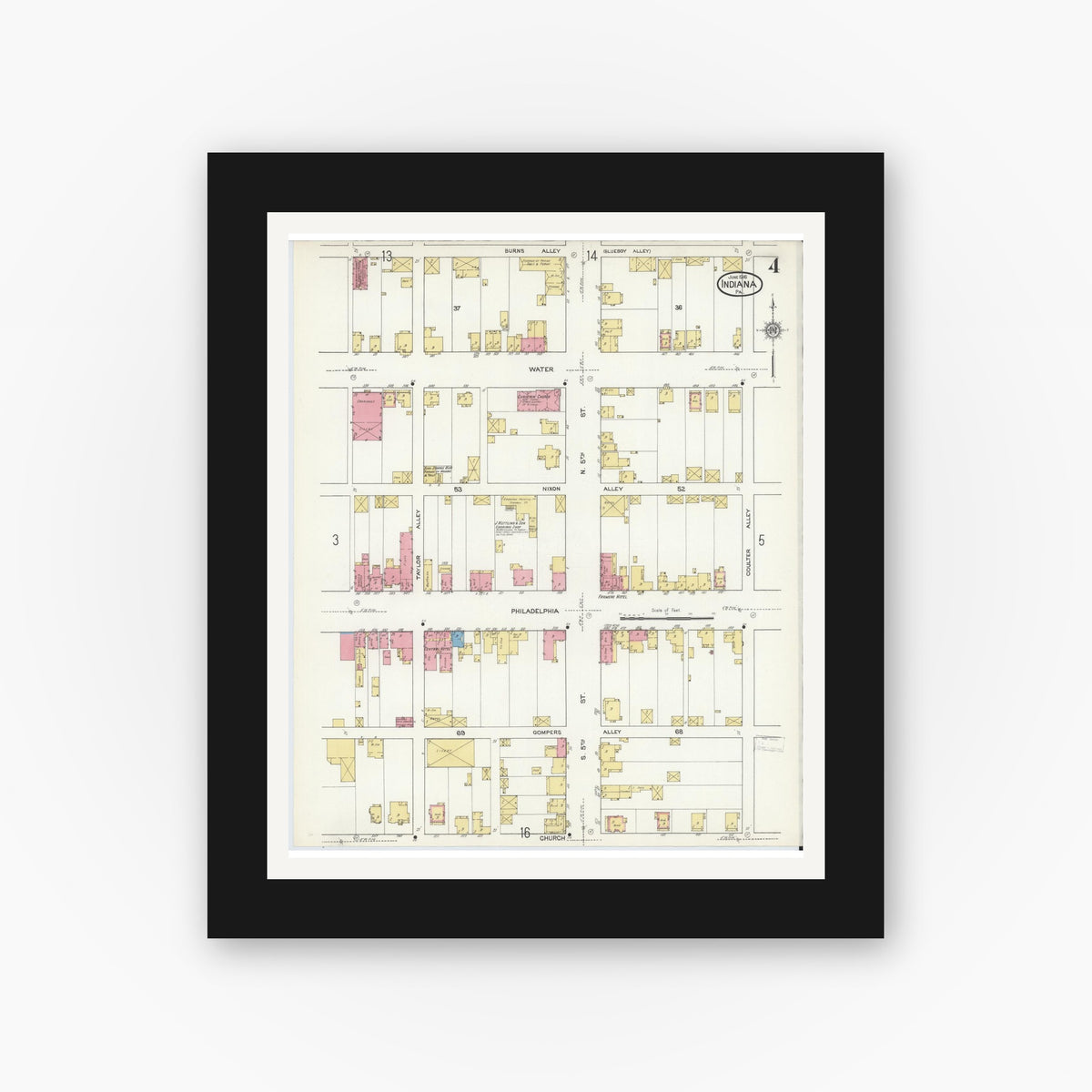 Old map wall art mockup — black gallery frame with white mat — Sanborn Fire Insurance Map from Indiana, Indiana County, Pennsylvania (1916), Sheet #0004