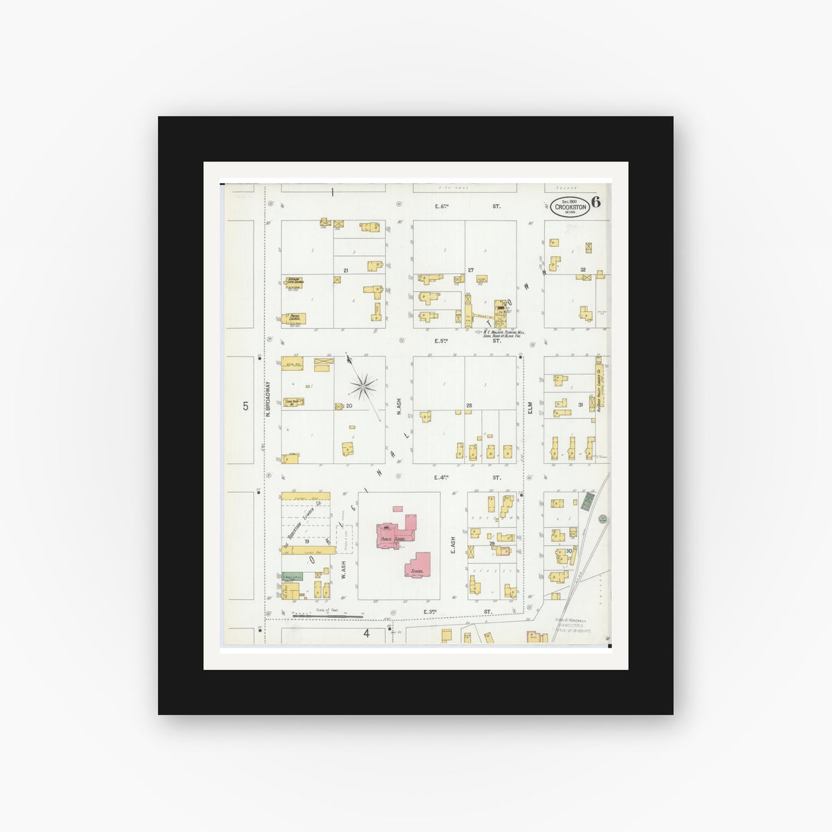 Old map wall art mockup — black gallery frame with white mat — Sanborn Fire Insurance Map from Crookston, Polk County, Minnesota (1900), Sheet #0006