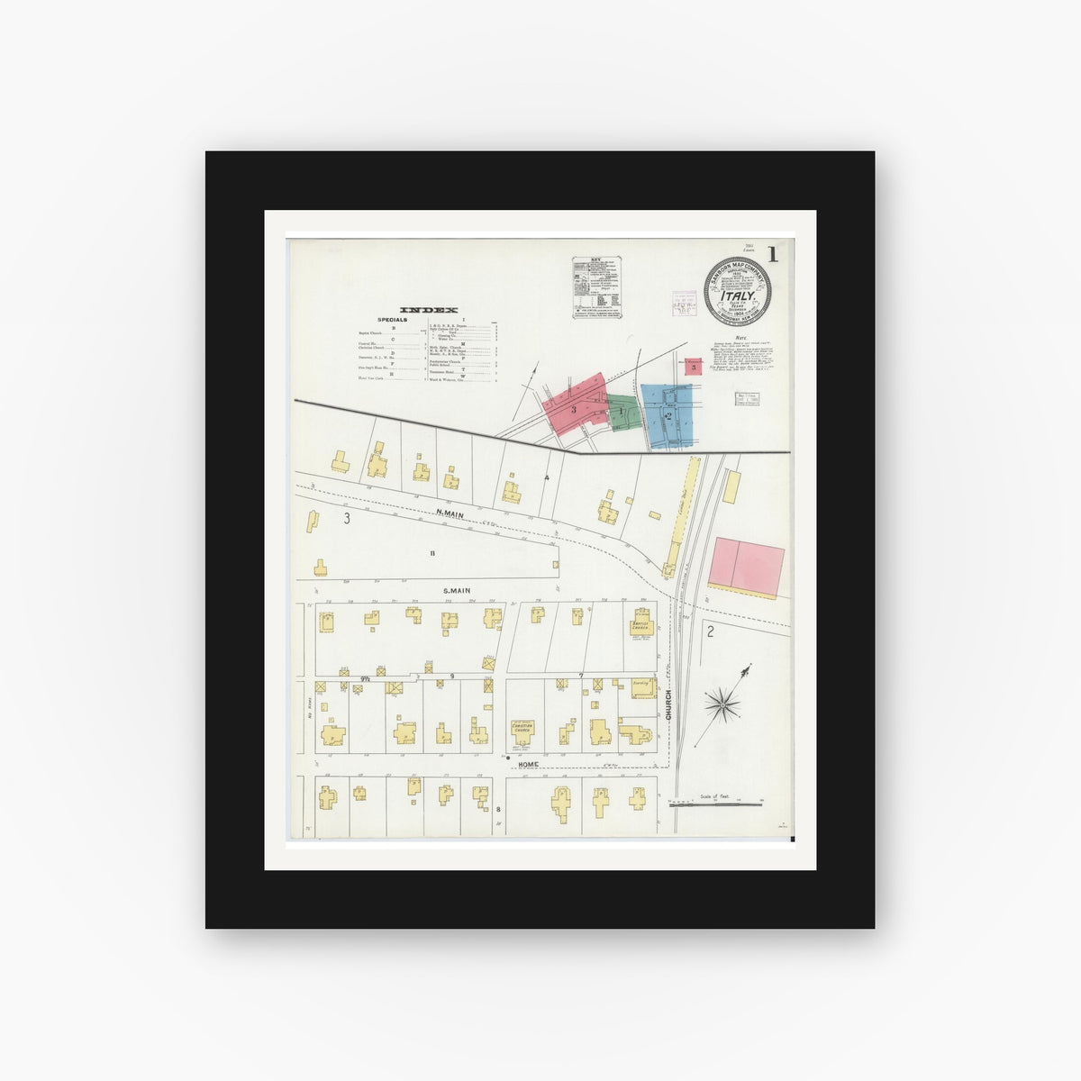 Old map wall art mockup — black gallery frame with white mat — Sanborn Fire Insurance Map from Italy, Ellis County, Texas (1904), Sheet #0001