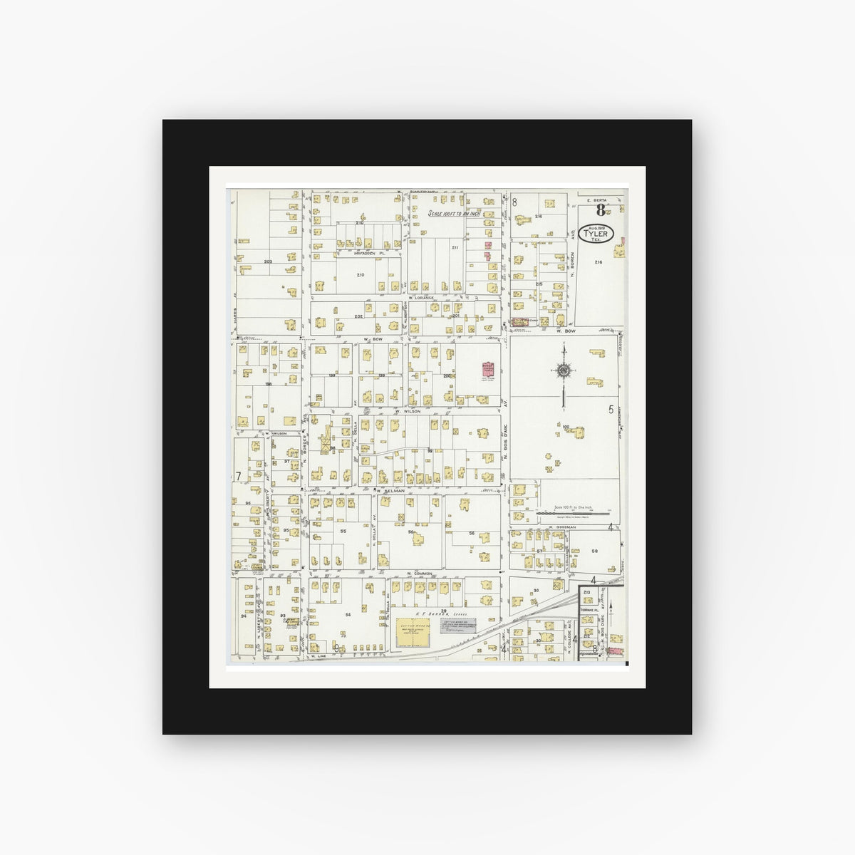 Old map wall art mockup — black gallery frame with white mat — Sanborn Fire Insurance Map from Tyler, Smith County, Texas (1919), Sheet #0008