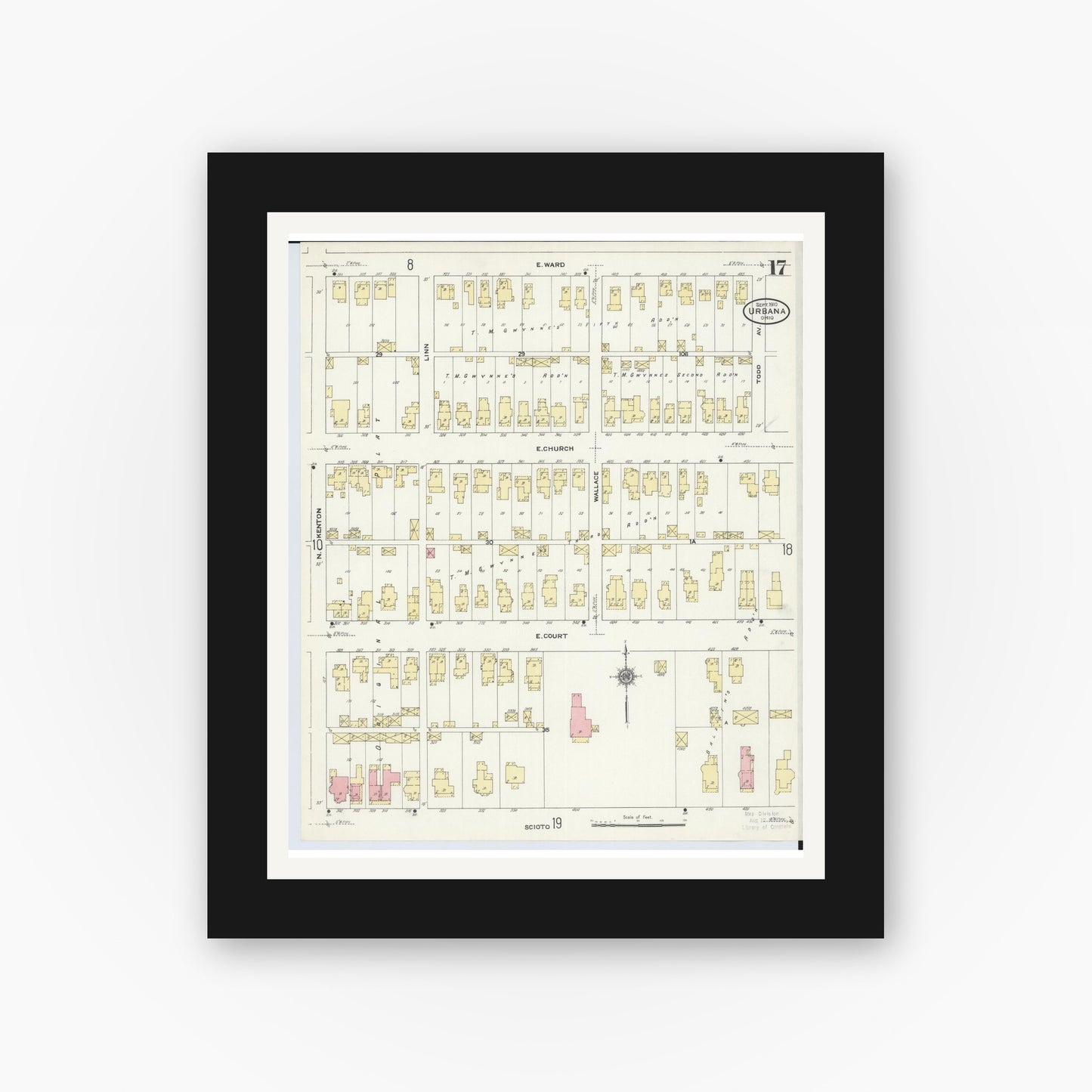 Old map wall art mockup — black gallery frame with white mat — Sanborn Fire Insurance Map from Urbana, Champaign County, Ohio (1910), Sheet #0017