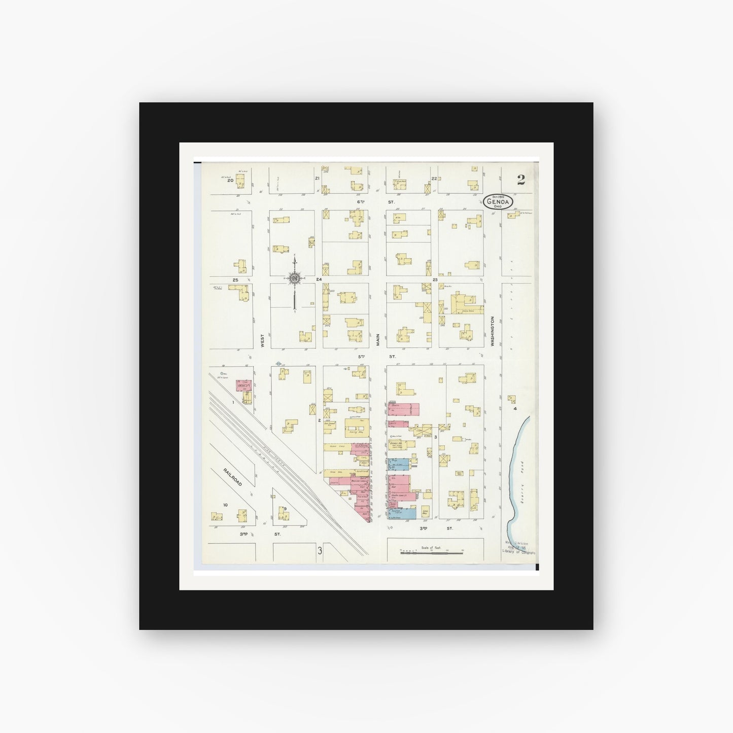 Old map wall art mockup — black gallery frame with white mat — Sanborn Fire Insurance Map from Genoa, Ottawa County, Ohio (1910), Sheet #0002