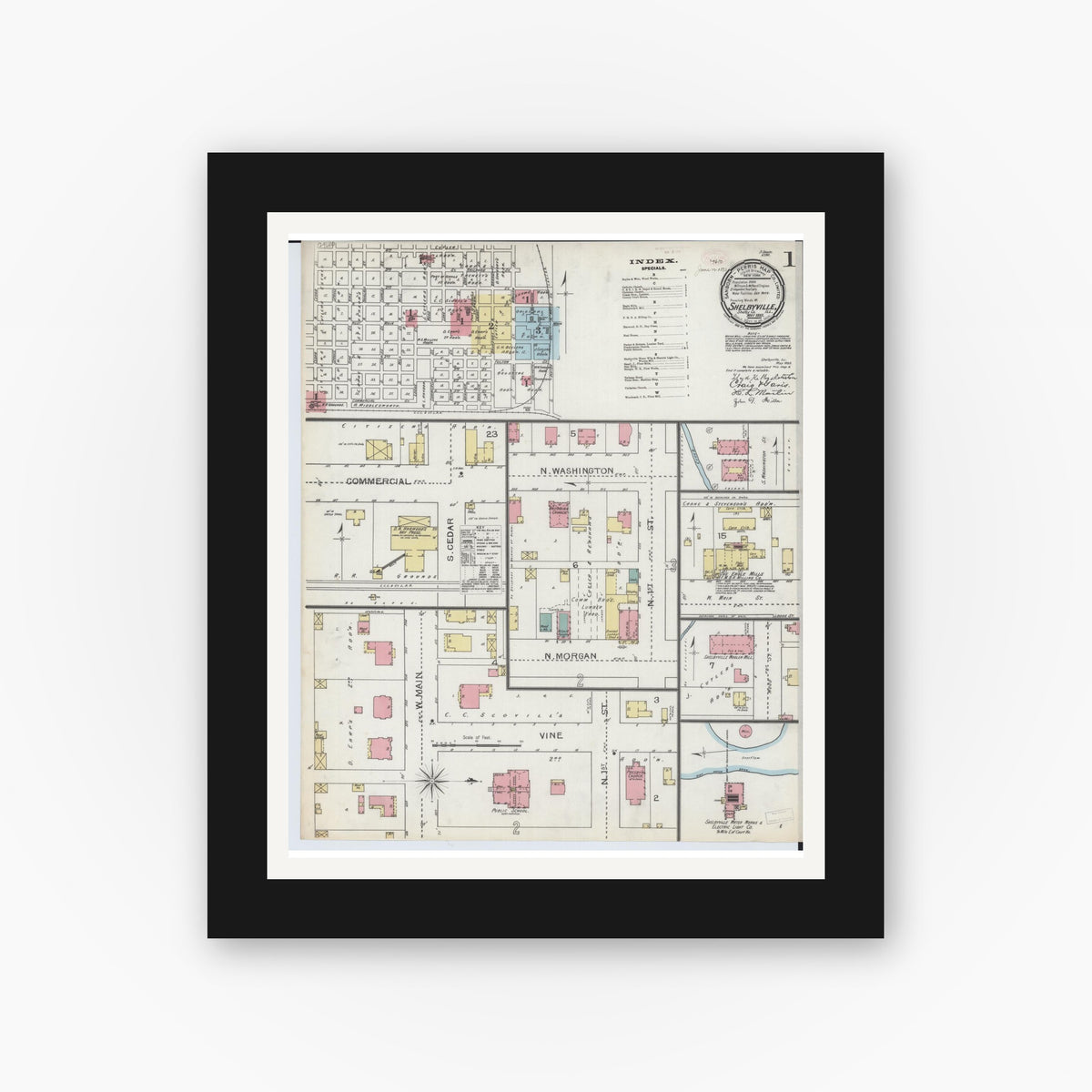 Old map wall art mockup — black gallery frame with white mat — Sanborn Fire Insurance Map from Shelbyville, Shelby County, Illinois (1893) - Complete Map Set