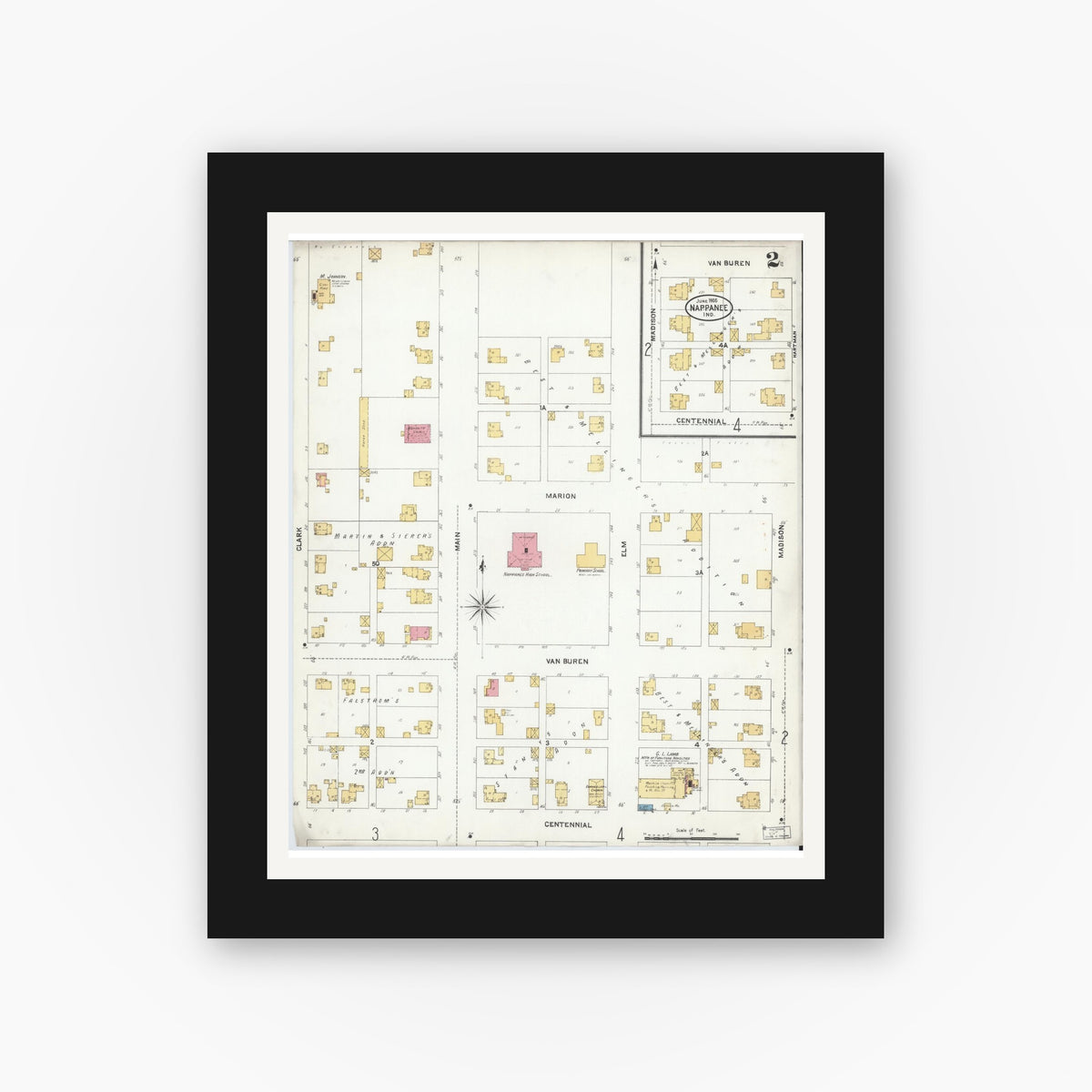 Old map wall art mockup — black gallery frame with white mat — Sanborn Fire Insurance Map from Nappanee, Elkhart County, Indiana (1905), Sheet #0002
