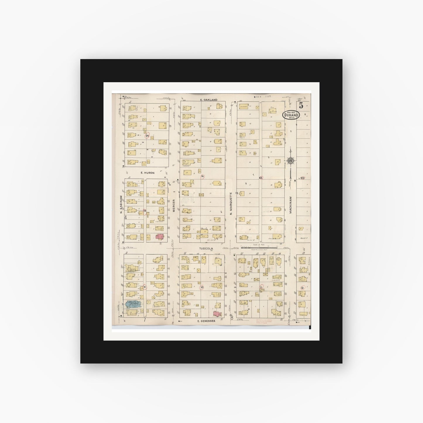 Old map wall art mockup — black gallery frame with white mat — Sanborn Fire Insurance Map from Durand, Shiawassee County, Michigan (1944), Sheet #0005
