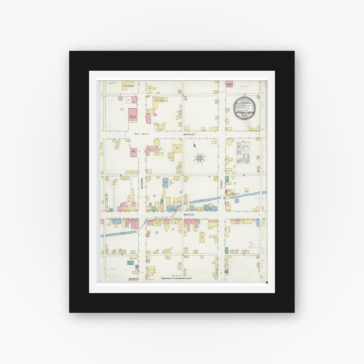 Old map wall art mockup — black gallery frame with white mat — Sanborn Fire Insurance Map from McConnellsburgh, Fulton County, Pennsylvania (1894), Sheet #0001