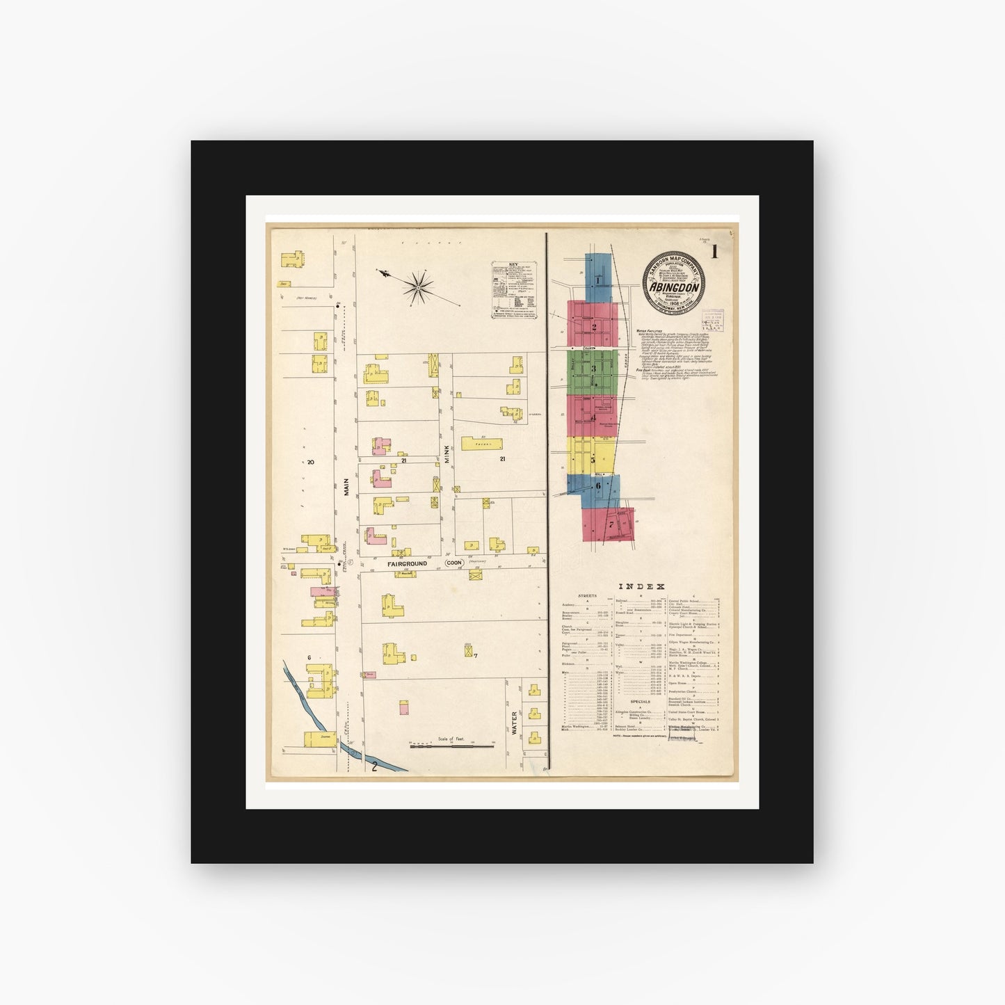 Old map wall art mockup — black gallery frame with white mat — Sanborn Fire Insurance Map from Abingdon, Washington County, Virginia (1908), Sheet #0001