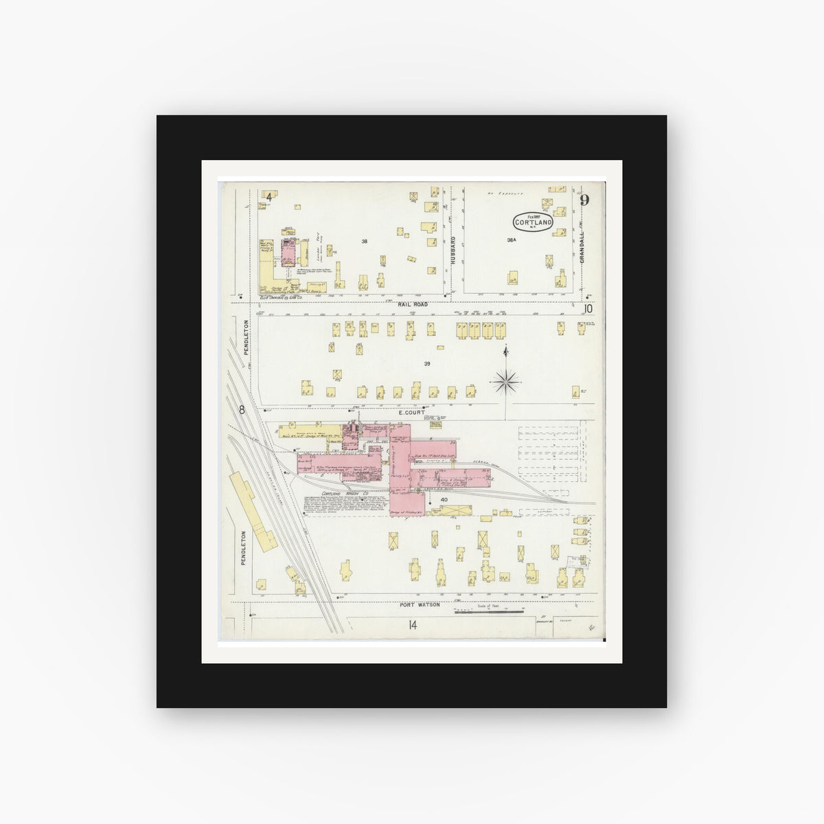 Old map wall art mockup — black gallery frame with white mat — Sanborn Fire Insurance Map from Cortland, Cortland County, New York (1897), Sheet #0009