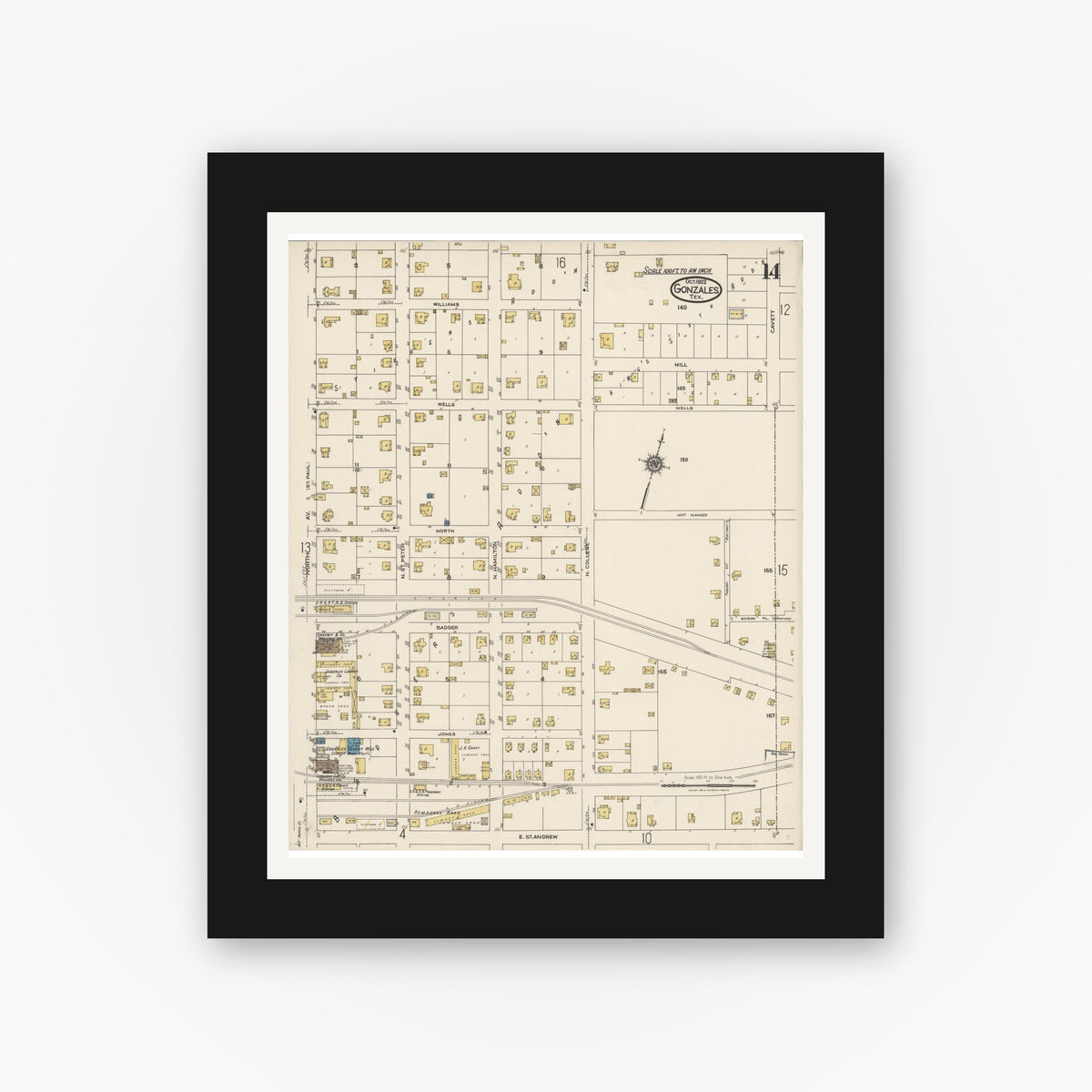 Old map wall art mockup — black gallery frame with white mat — Sanborn Fire Insurance Map from Gonzales, Gonzales County, Texas (1922), Sheet #0014