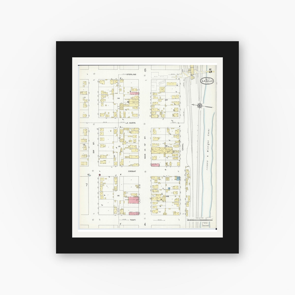 Old map wall art mockup — black gallery frame with white mat — Sanborn Fire Insurance Map from La Salle, La Salle County, Illinois (1911), Sheet #0005