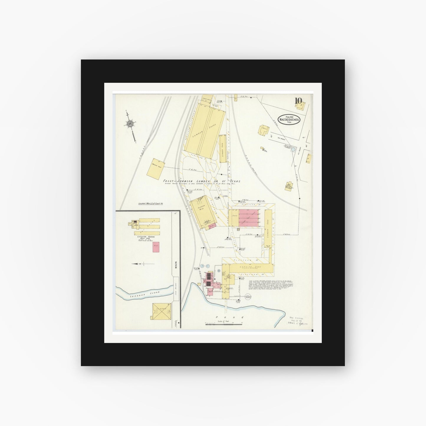 Old map wall art mockup — black gallery frame with white mat — Sanborn Fire Insurance Map from Nacogdoches, Nacogdoches County, Texas (1912), Sheet #0010