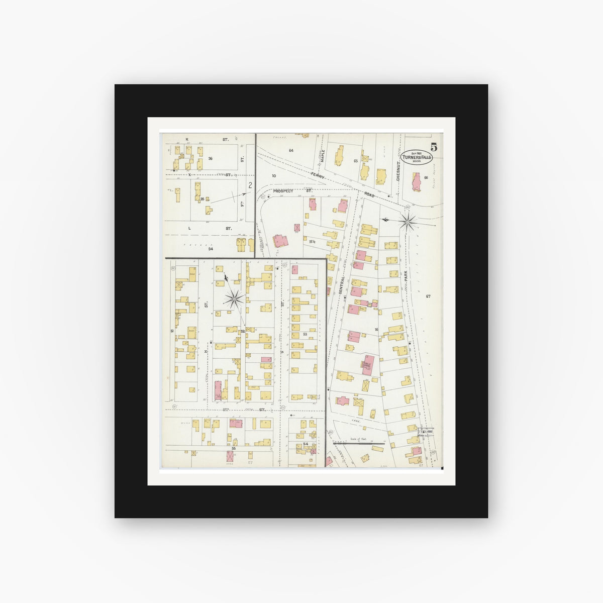 Old map wall art mockup — black gallery frame with white mat — Sanborn Fire Insurance Map from Turners Falls, Franklin County, Massachusetts (1902), Sheet #0005
