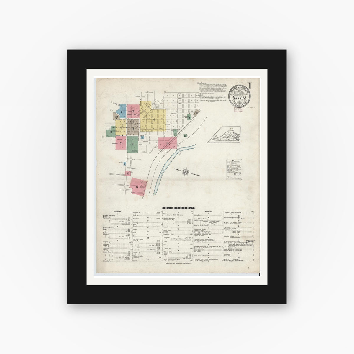 Old map wall art mockup — black gallery frame with white mat — Sanborn Fire Insurance Map from Salem, Independent Cities, Virginia (1913), Sheet #0001