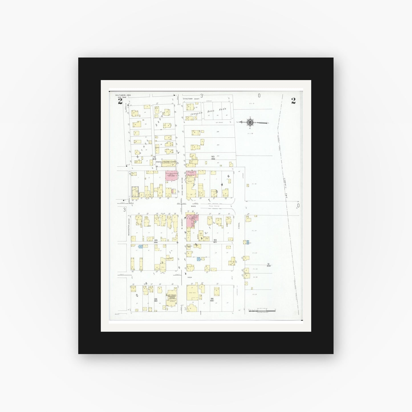 Old map wall art mockup — black gallery frame with white mat — Sanborn Fire Insurance Map from Baltimore, Fairfield County, Ohio (1946), Sheet #0002