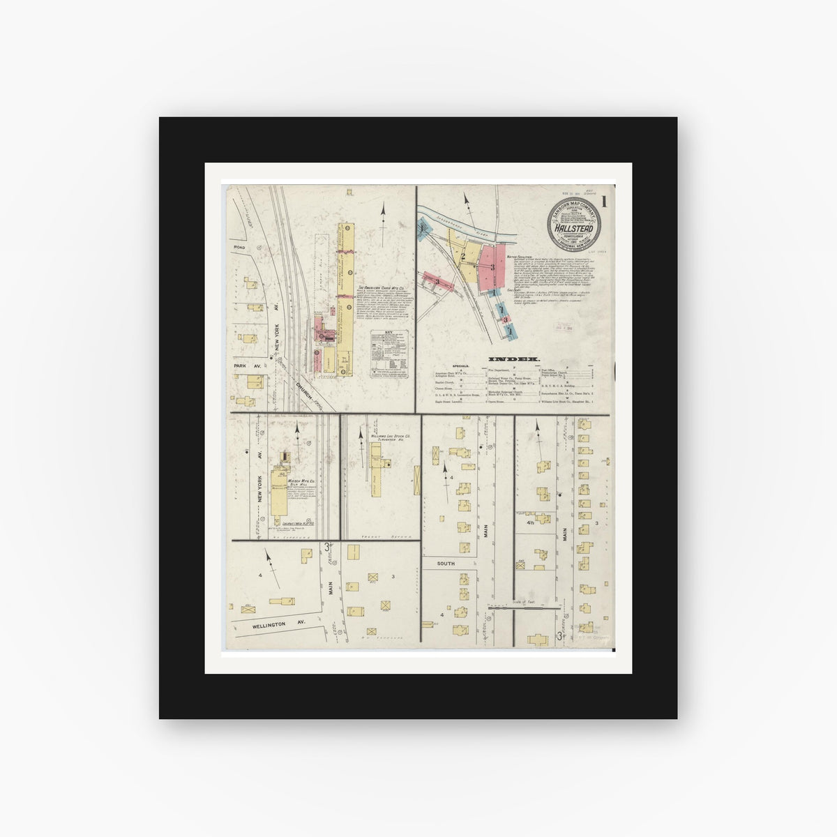 Old map wall art mockup — black gallery frame with white mat — Sanborn Fire Insurance Map from Hallstead, Susquehanna County, Pennsylvania (1911) - Complete Map Set