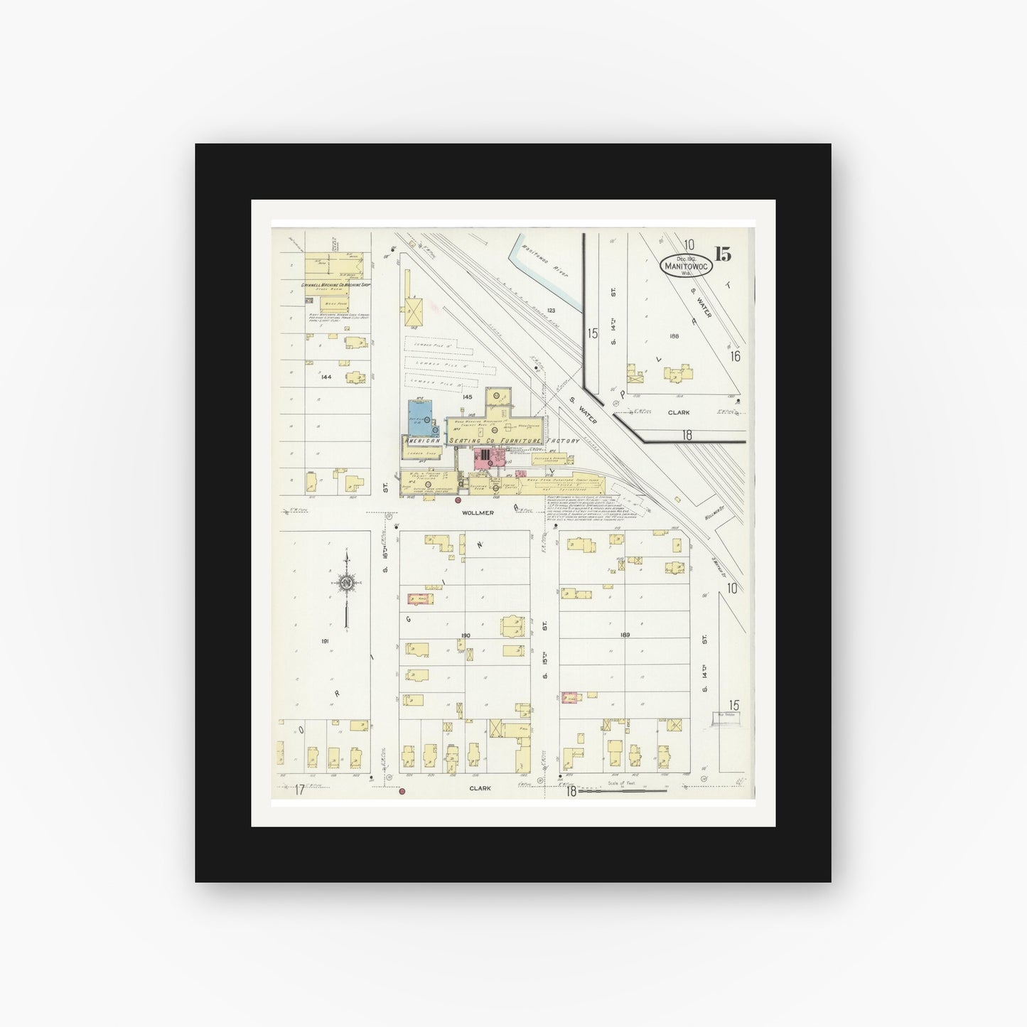 Old map wall art mockup — black gallery frame with white mat — Sanborn Fire Insurance Map from Manitowoc, Manitowoc County, Wisconsin (1912), Sheet #0015