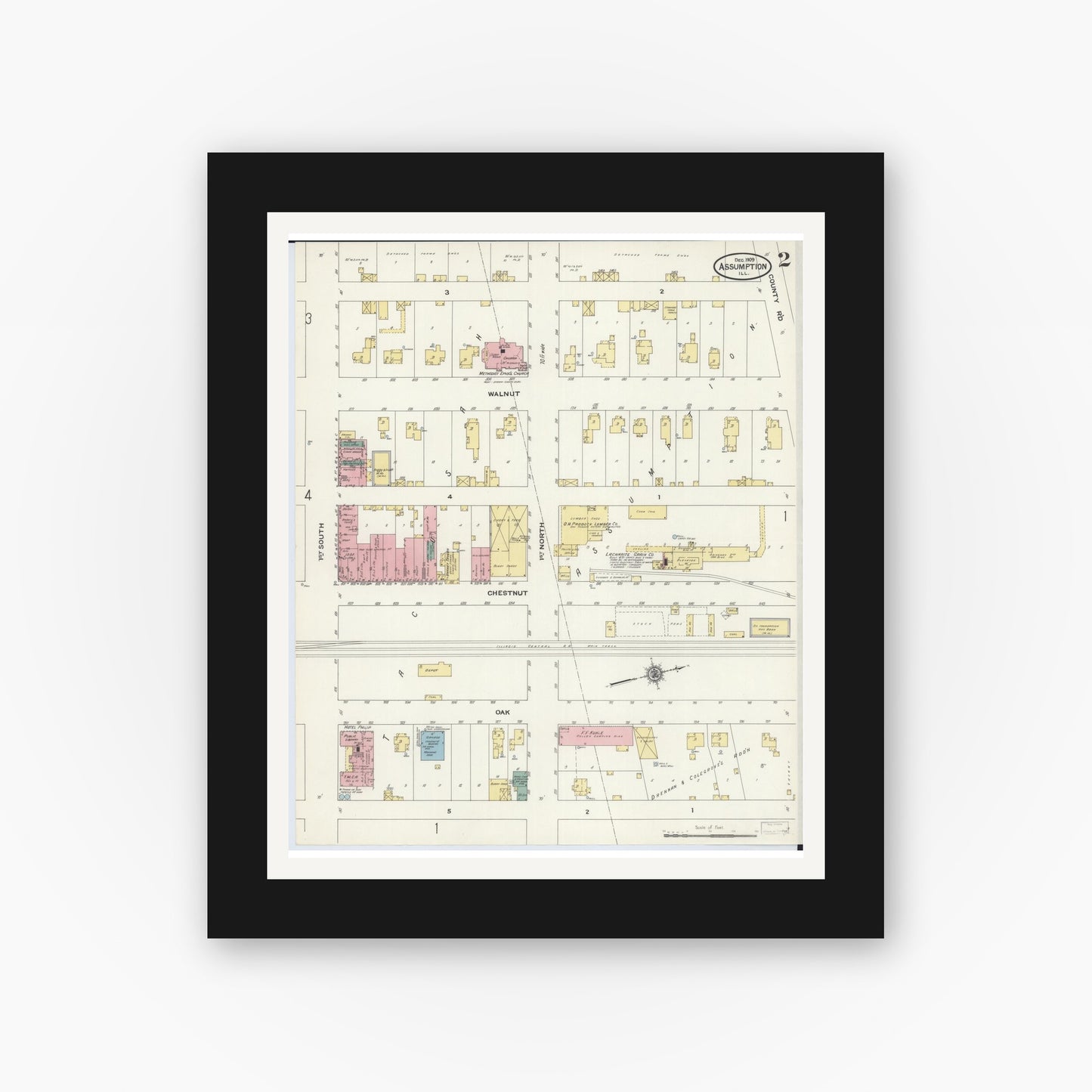 Old map wall art mockup — black gallery frame with white mat — Sanborn Fire Insurance Map from Assumption, Christian County, Illinois (1909), Sheet #0002