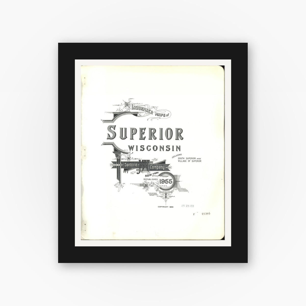 Old map wall art mockup — black gallery frame with white mat — Sanborn Fire Insurance Map from Superior, Douglas County, Wisconsin (1955), Sheet #0001