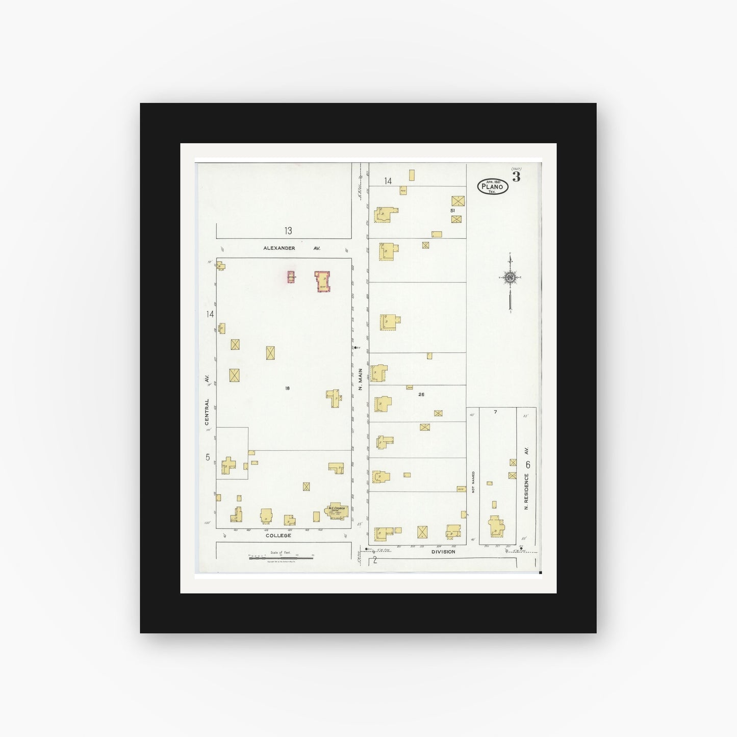 Old map wall art mockup — black gallery frame with white mat — Sanborn Fire Insurance Map from Plano, Collin County, Texas (1921), Sheet #0003