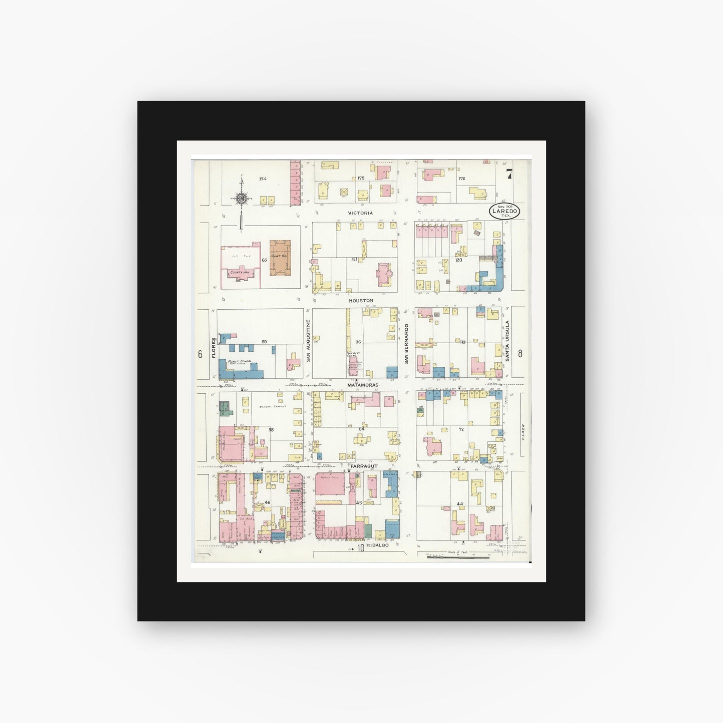 Old map wall art mockup — black gallery frame with white mat — Sanborn Fire Insurance Map from Laredo, Webb County, Texas (1909), Sheet #0007