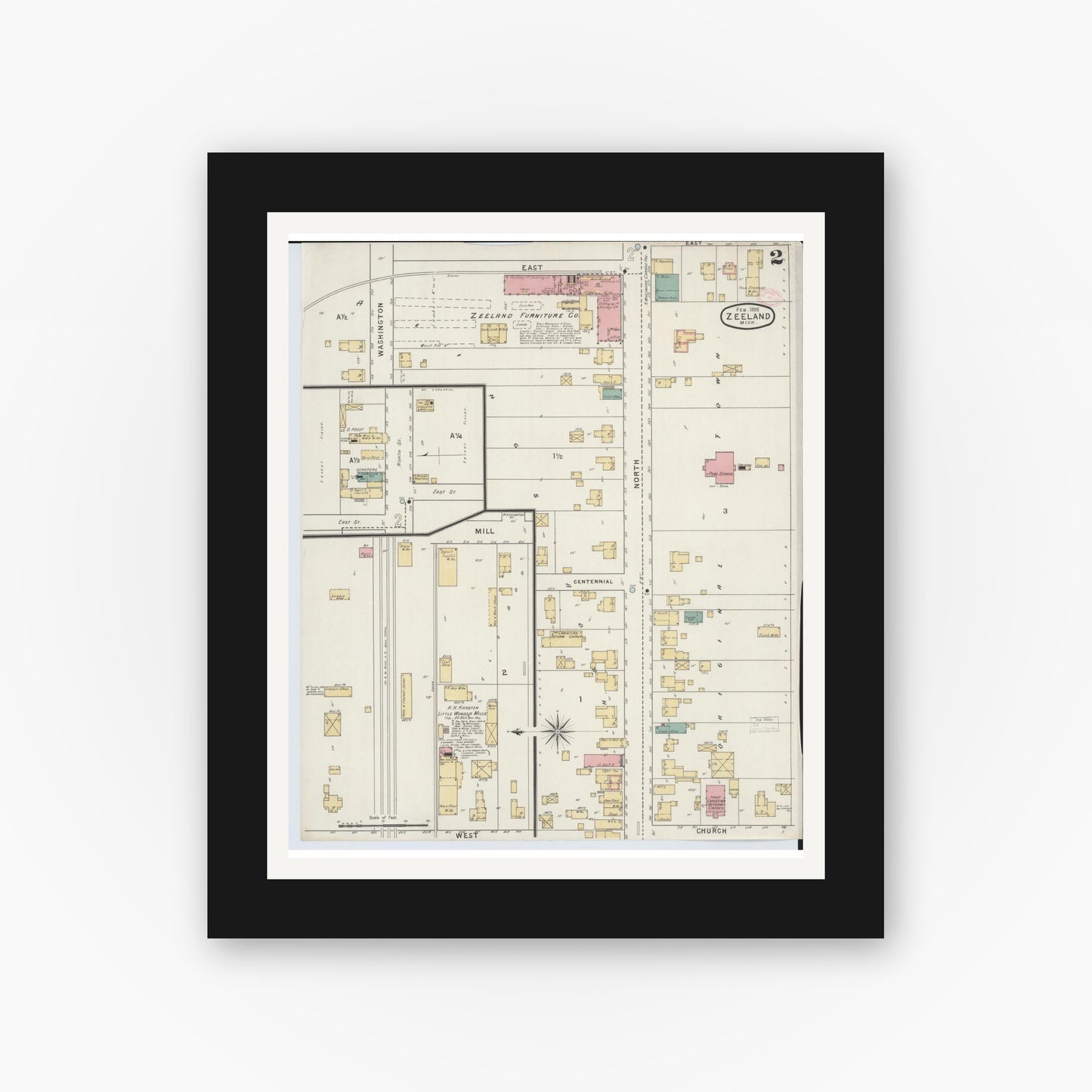 Old map wall art mockup — black gallery frame with white mat — Sanborn Fire Insurance Map from Zeeland, Ottawa County, Michigan (1895), Sheet #0002