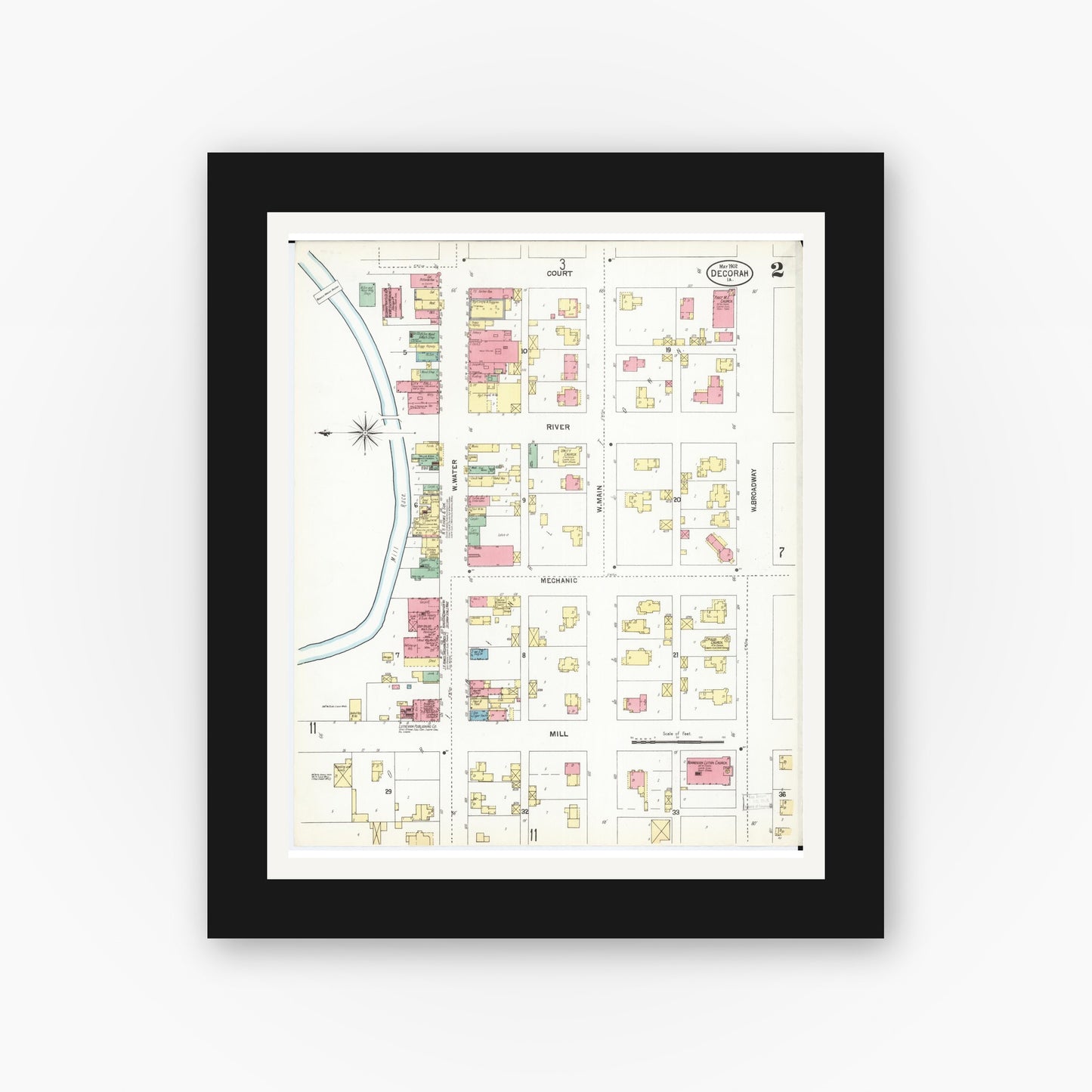 Old map wall art mockup — black gallery frame with white mat — Sanborn Fire Insurance Map from Decorah, Winneshiek County, Iowa (1902), Sheet #0002