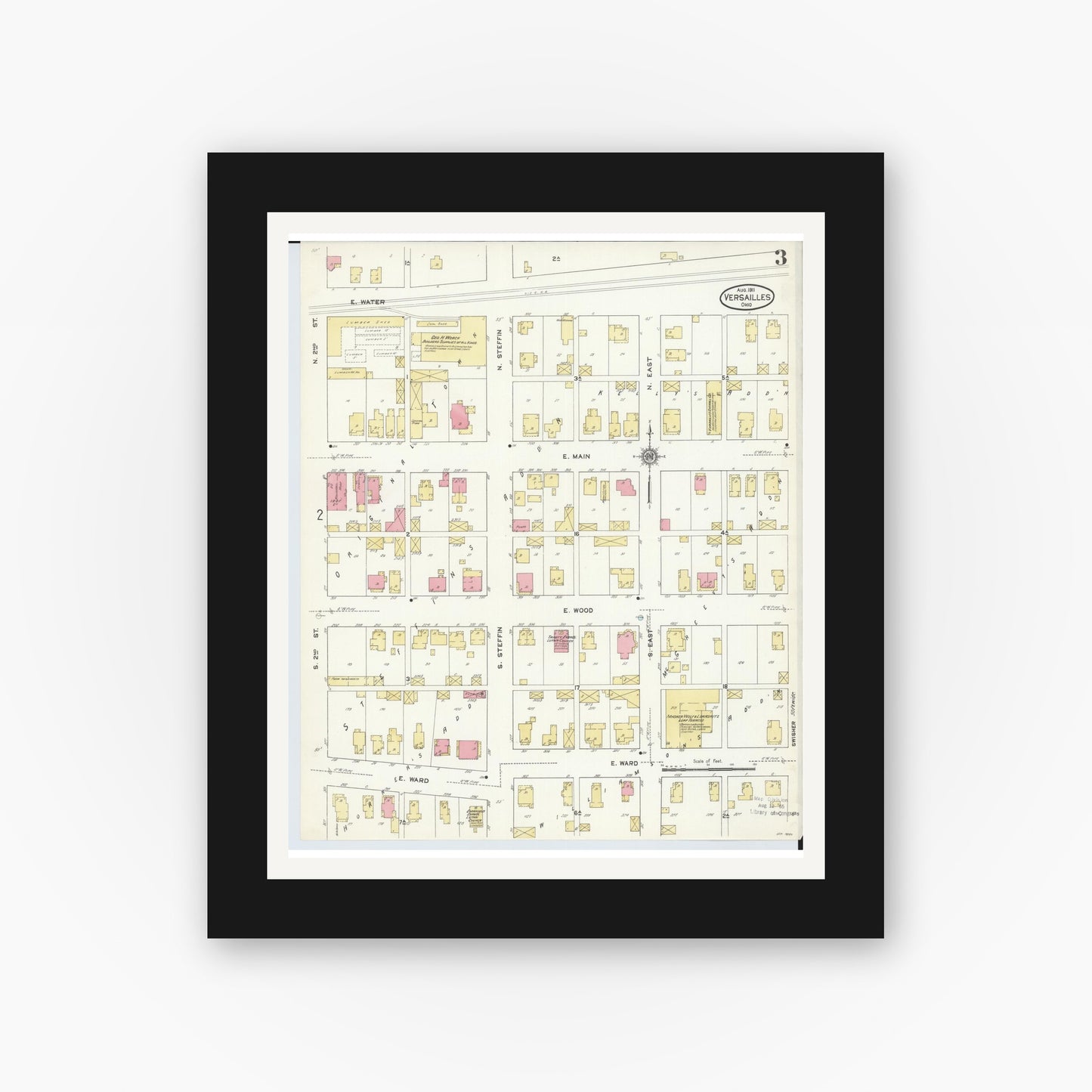 Old map wall art mockup — black gallery frame with white mat — Sanborn Fire Insurance Map from Versailles, Darke County, Ohio (1911), Sheet #0003