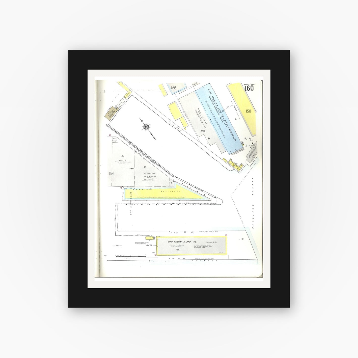 Old map wall art mockup — black gallery frame with white mat — Sanborn Fire Insurance Map from Honolulu, Oahu County, Hawaii (1955), Sheet #0160