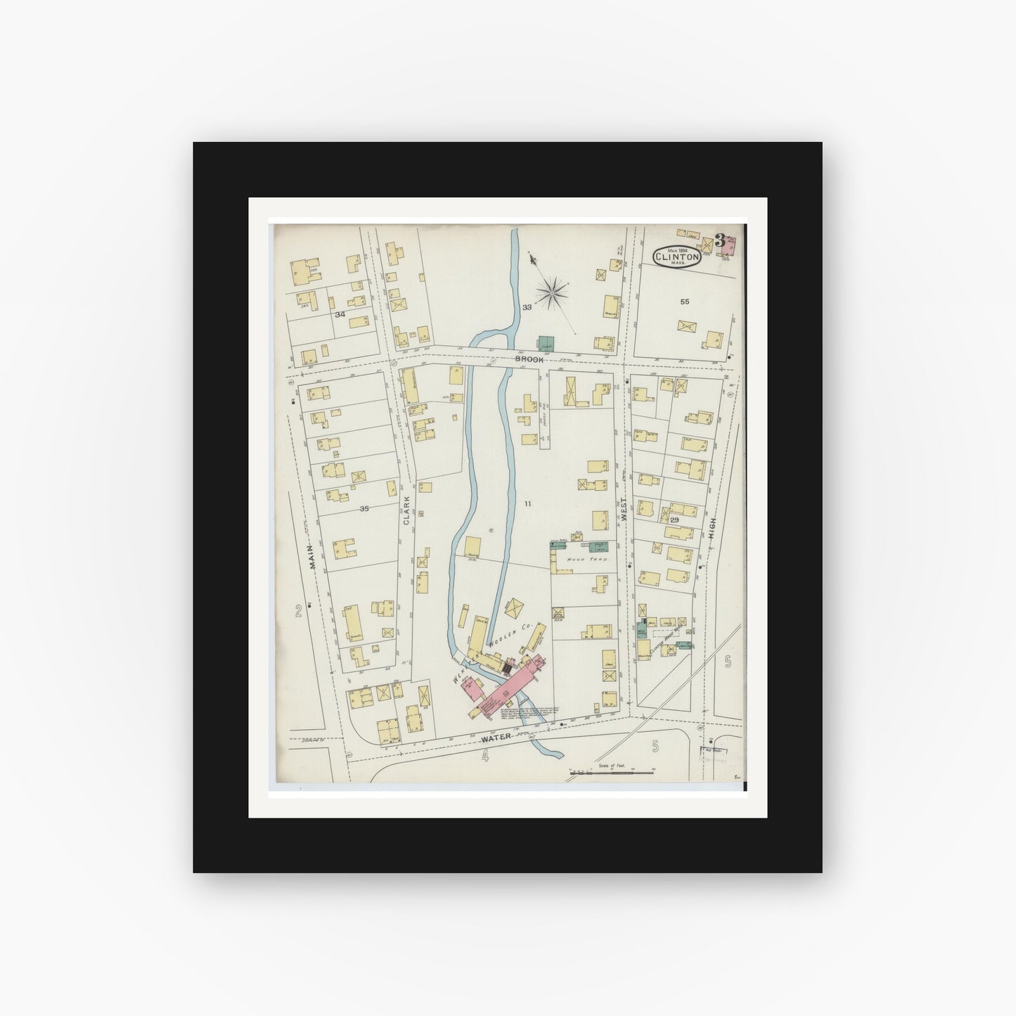 Old map wall art mockup — black gallery frame with white mat — Sanborn Fire Insurance Map from Clinton, Worcester County, Massachusetts (1894), Sheet #0003