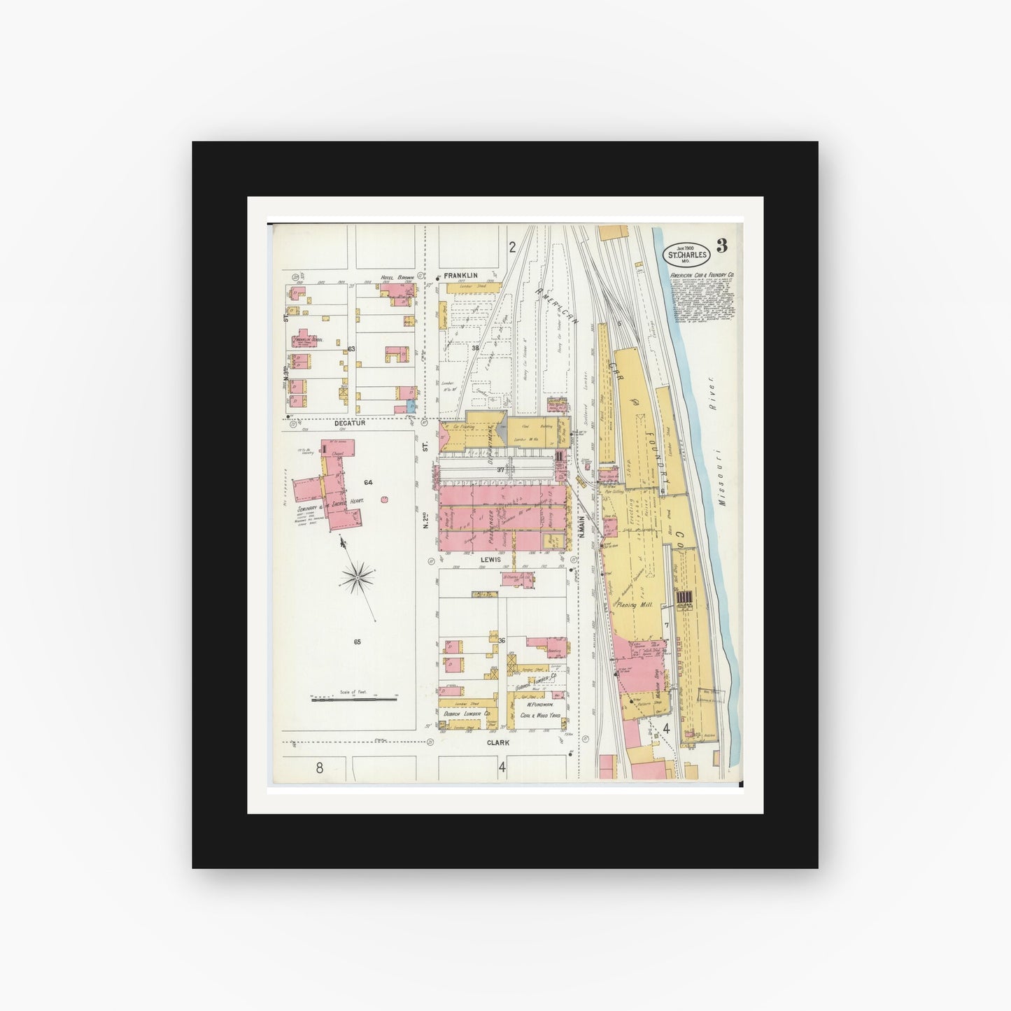 Old map wall art mockup — black gallery frame with white mat — Sanborn Fire Insurance Map from Saint Charles, Saint Charles County, Missouri (1900), Sheet #0003