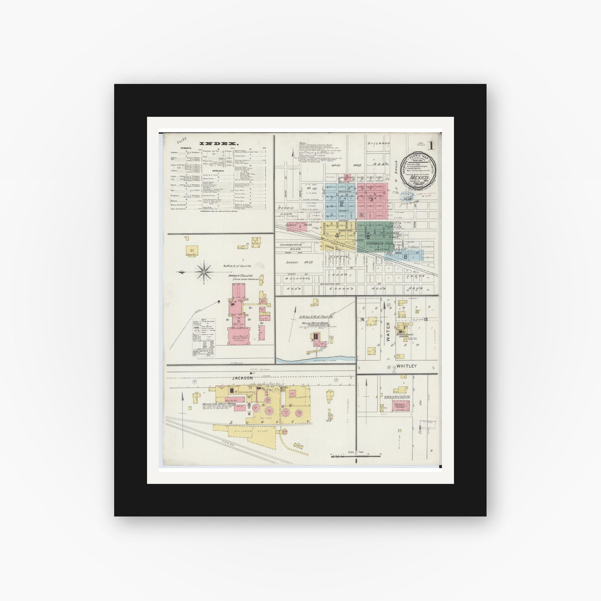 Old map wall art mockup — black gallery frame with white mat — Sanborn Fire Insurance Map from Mexico, Audrain County, Missouri (1894), Sheet #0001