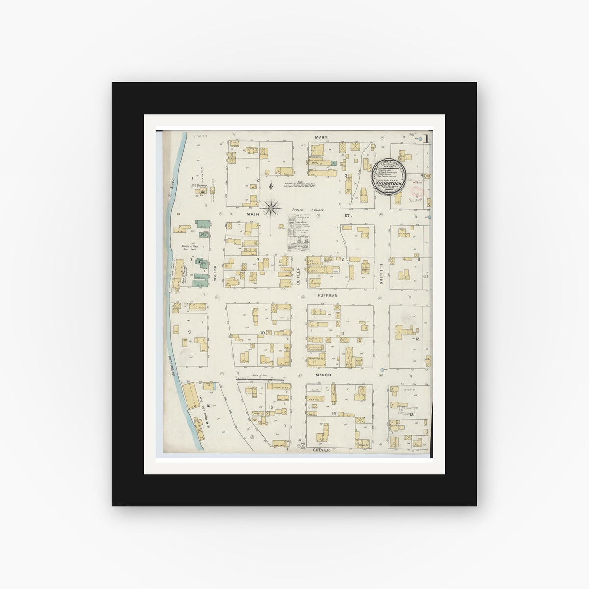 Old map wall art mockup — black gallery frame with white mat — Sanborn Fire Insurance Map from Saugatuck, Allegan County, Michigan (1895), Sheet #0001