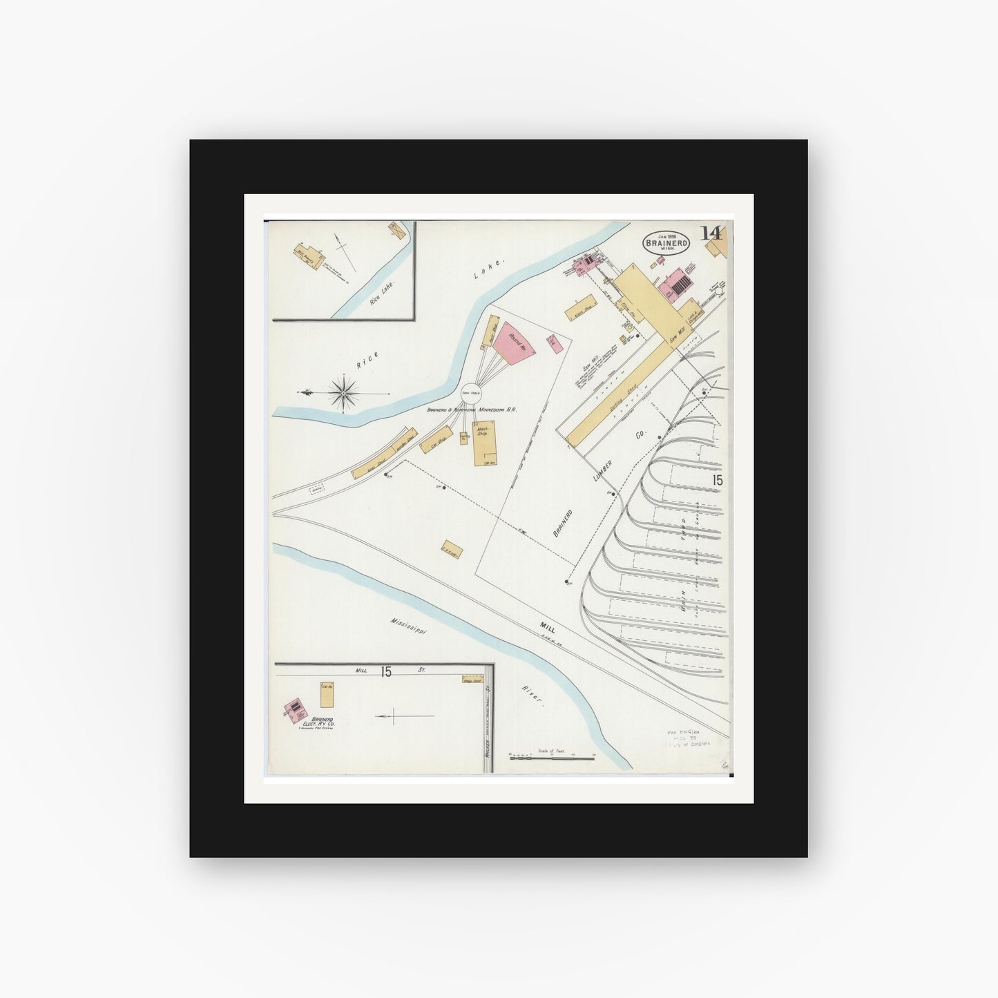 Old map wall art mockup — black gallery frame with white mat — Sanborn Fire Insurance Map from Brainerd, Crow Wing County, Minnesota (1898), Sheet #0014