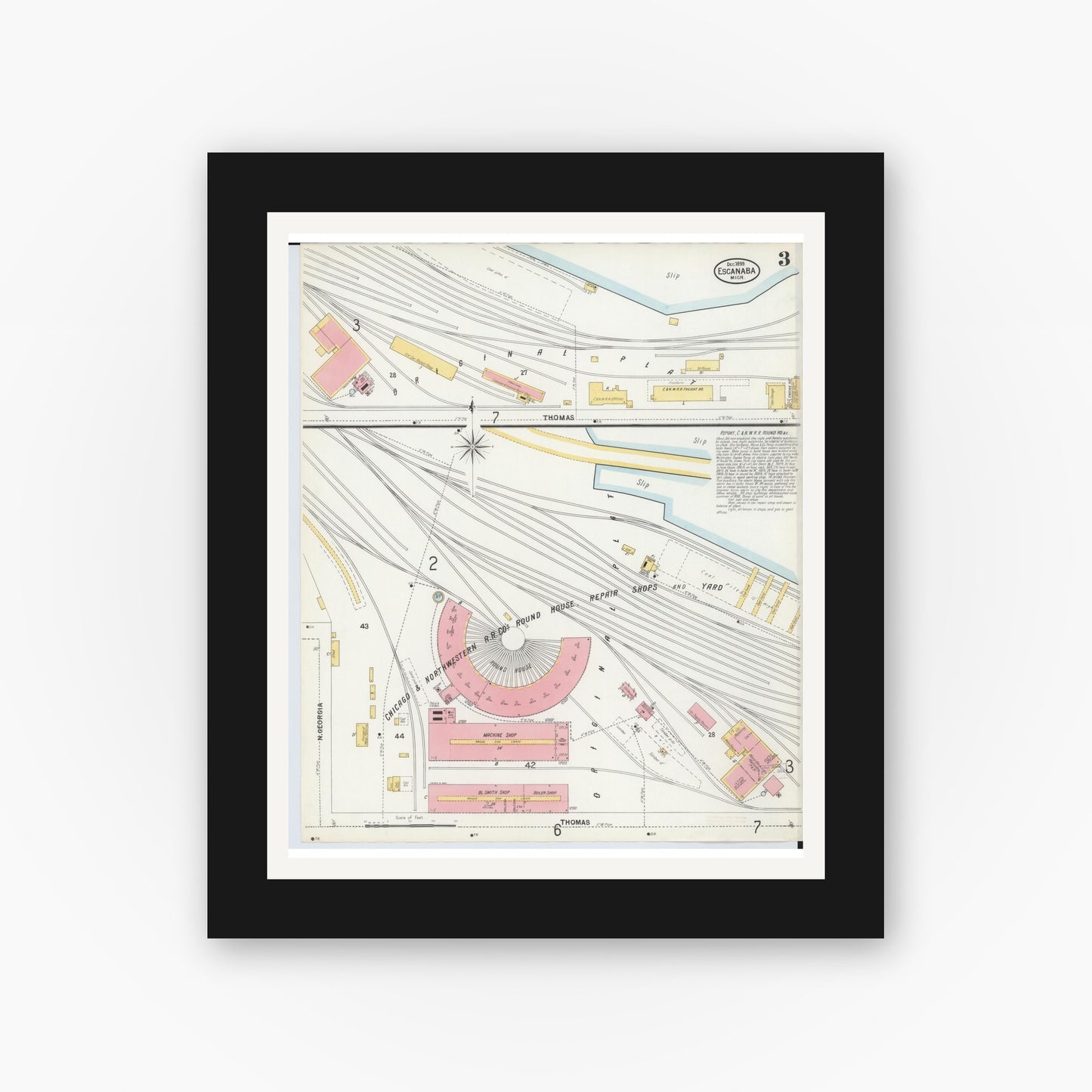 Old map wall art mockup — black gallery frame with white mat — Sanborn Fire Insurance Map from Escanaba, Delta County, Michigan (1899), Sheet #0003