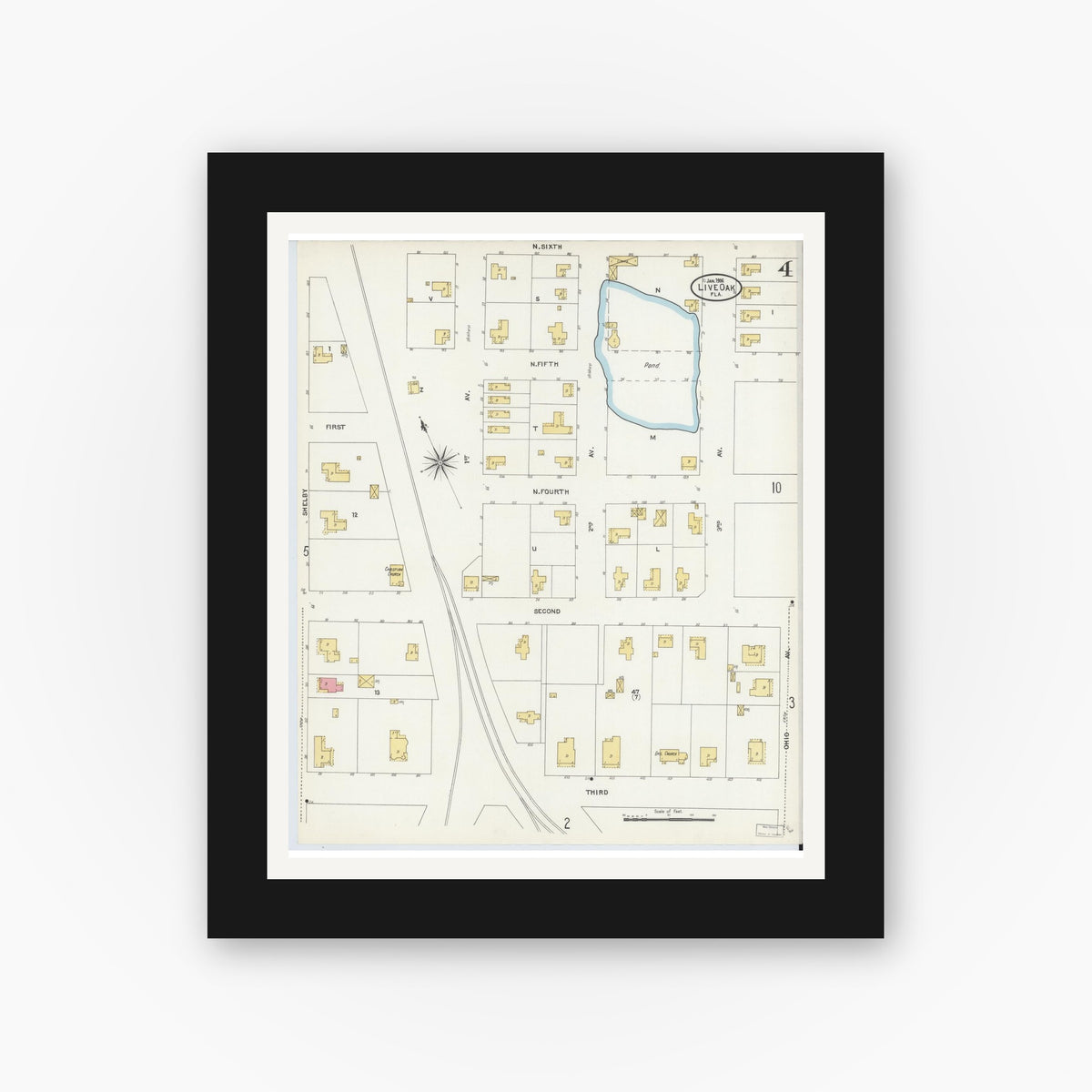 Old map wall art mockup — black gallery frame with white mat — Sanborn Fire Insurance Map from Live Oak, Suwanee County, Florida (1906), Sheet #0004