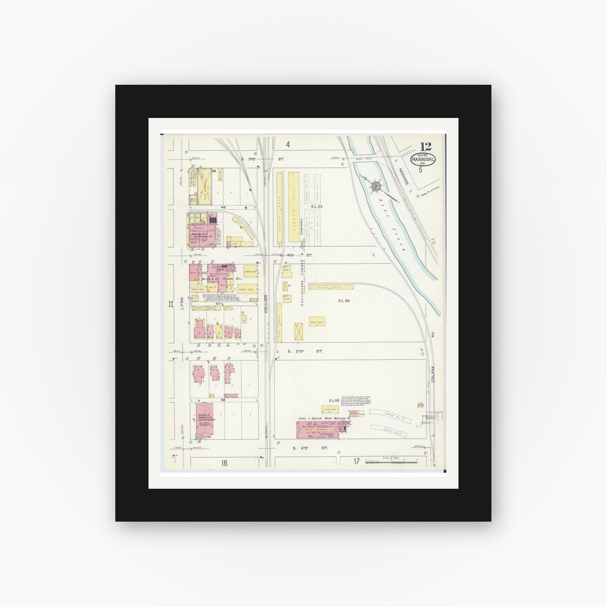 Old map wall art mockup — black gallery frame with white mat — Sanborn Fire Insurance Map from Hannibal, Marion County, Missouri (1913), Sheet #0012