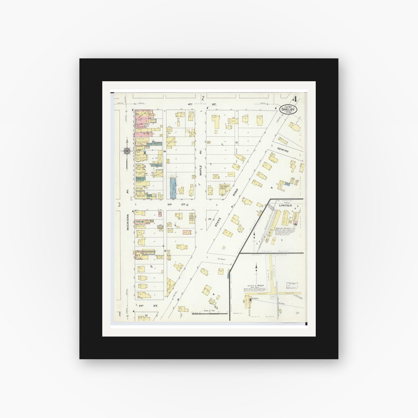 Old map wall art mockup — black gallery frame with white mat — Sanborn Fire Insurance Map from Shelby, Oceana County, Michigan (1910), Sheet #0004