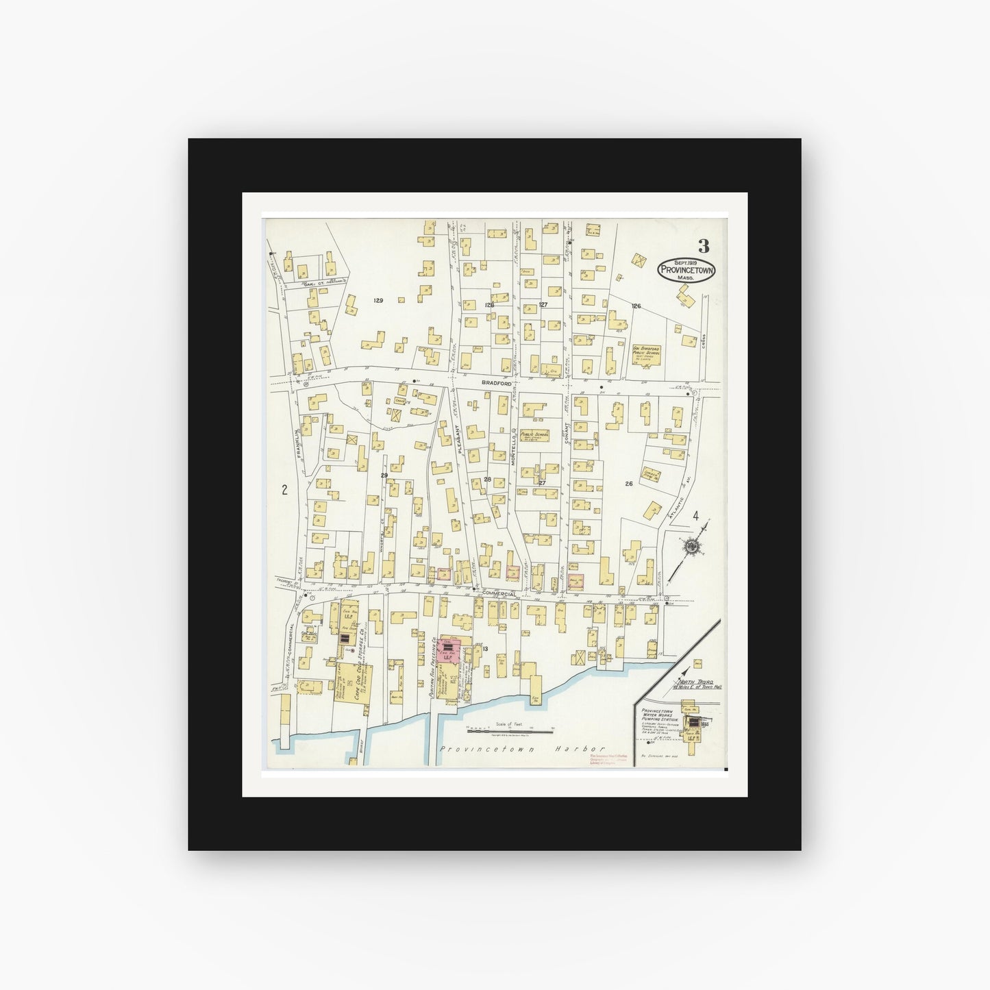 Old map wall art mockup — black gallery frame with white mat — Sanborn Fire Insurance Map from Provincetown, Barnstable County, Massachusetts (1919), Sheet #0003