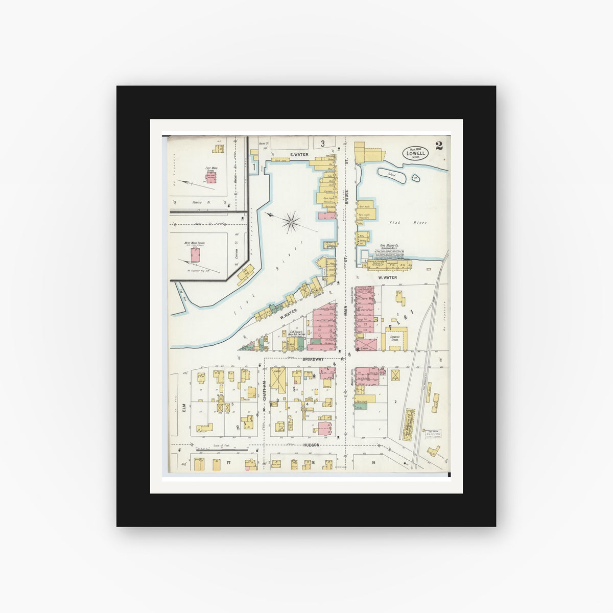 Old map wall art mockup — black gallery frame with white mat — Sanborn Fire Insurance Map from Lowell, Kent County, Michigan (1900), Sheet #0002