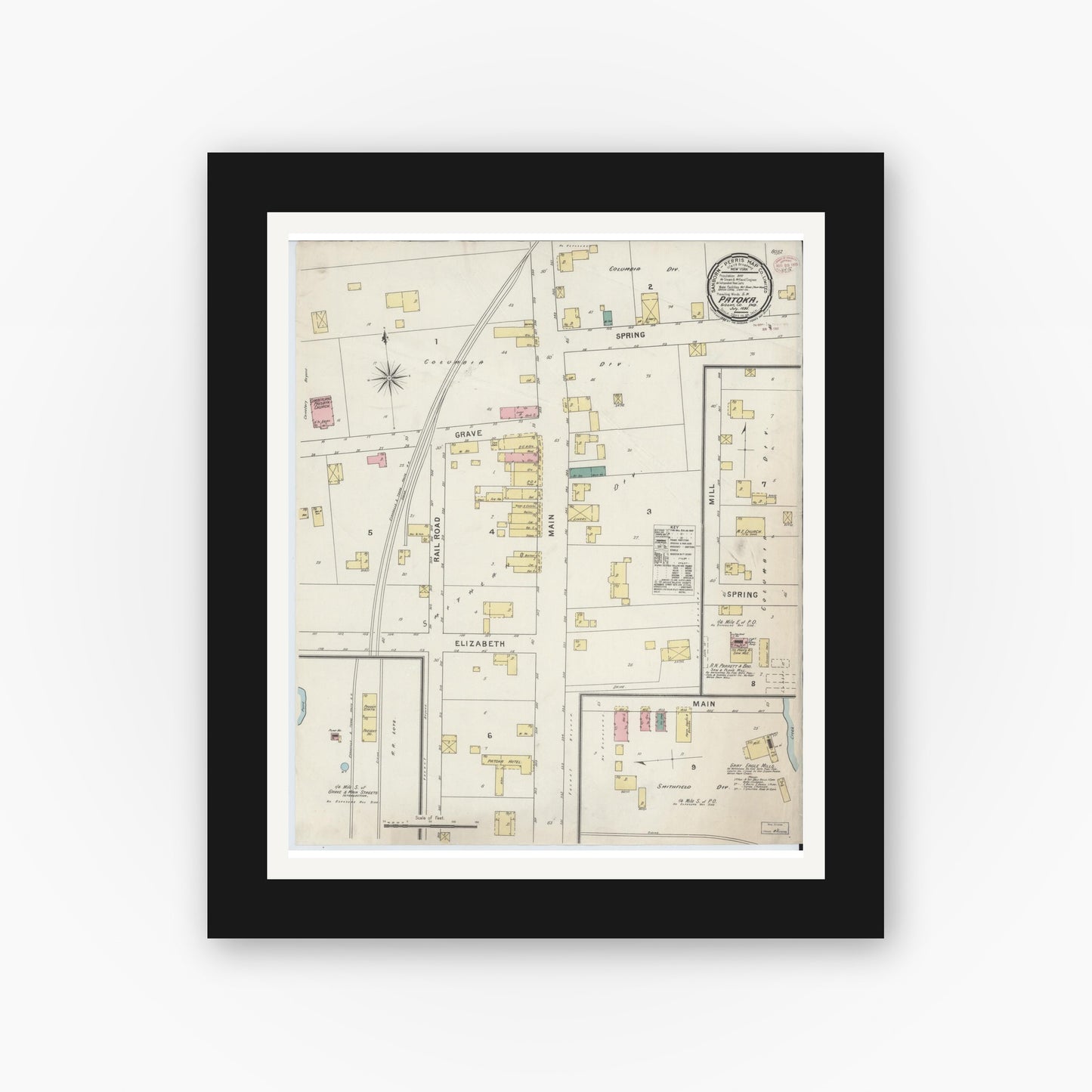 Old map wall art mockup — black gallery frame with white mat — Sanborn Fire Insurance Map from Patoka, Gibson County, Indiana (1895), Sheet #0001