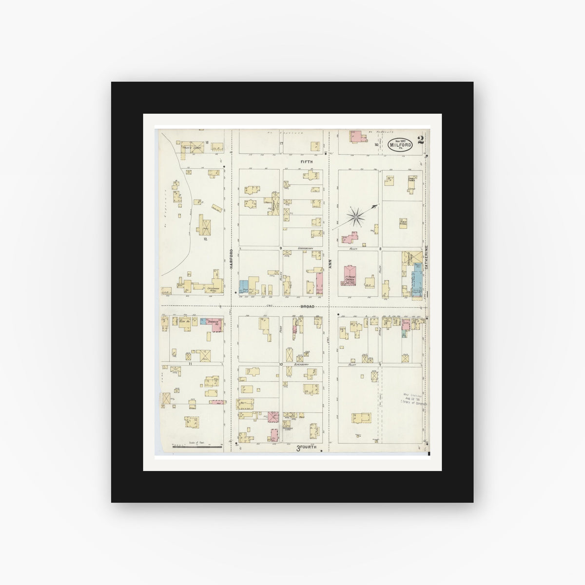 Old map wall art mockup — black gallery frame with white mat — Sanborn Fire Insurance Map from Milford, Pike County, Pennsylvania (1897), Sheet #0002