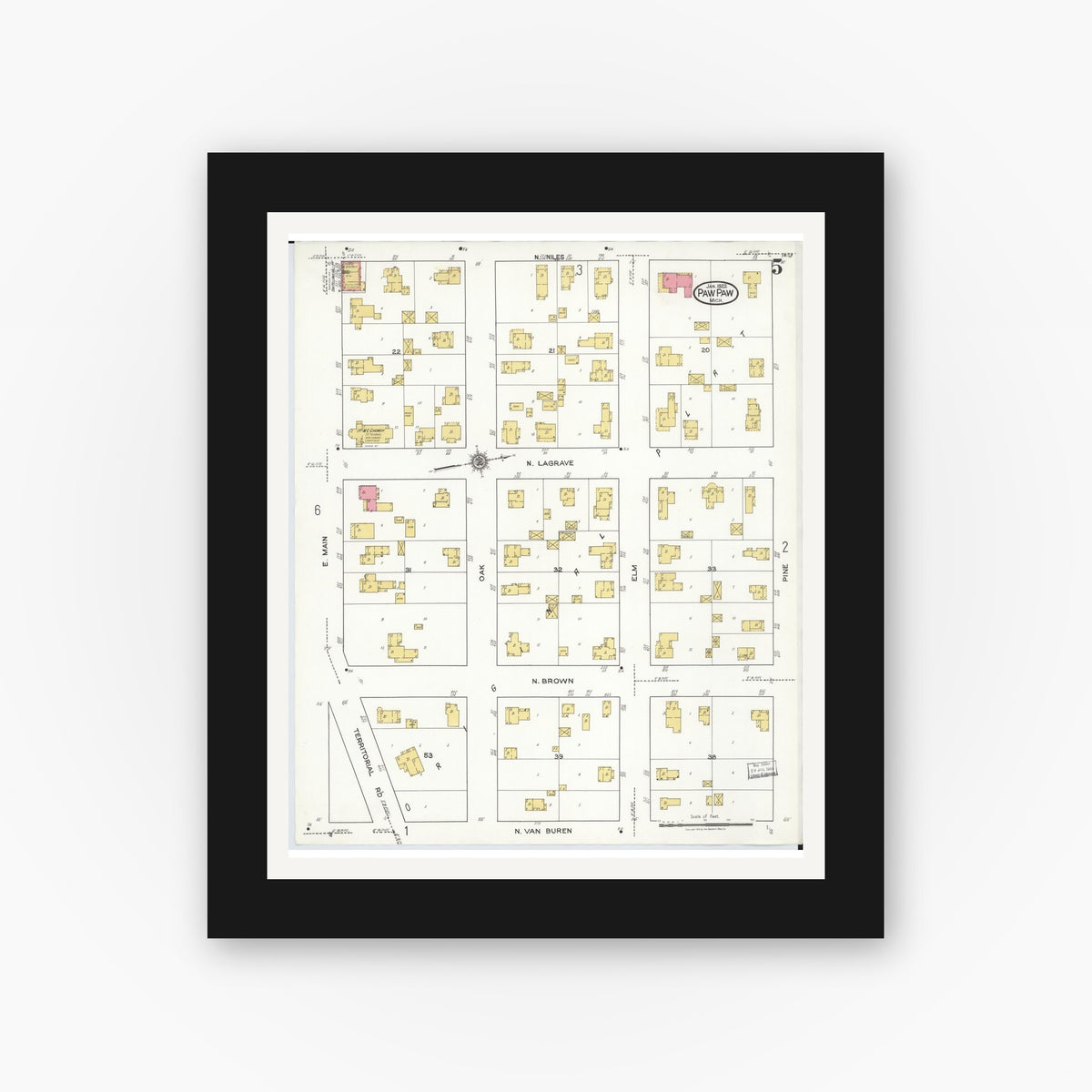 Old map wall art mockup — black gallery frame with white mat — Sanborn Fire Insurance Map from Paw Paw, Van Buren County, Michigan (1922), Sheet #0005