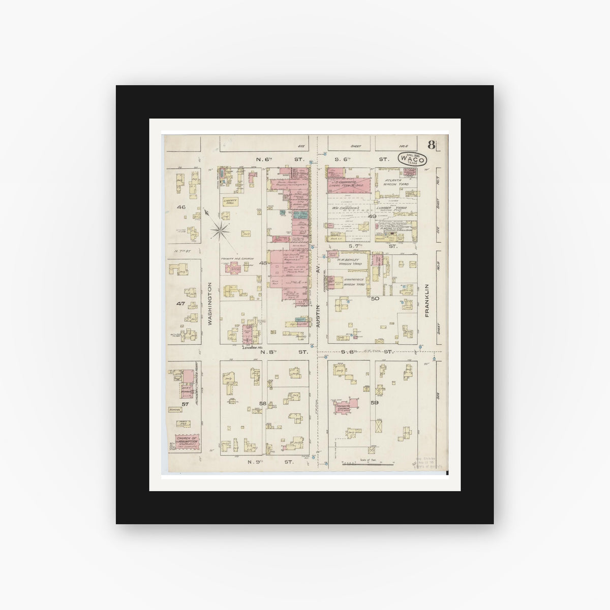 Old map wall art mockup — black gallery frame with white mat — Sanborn Fire Insurance Map from Waco, McLennan County, Texas (1885), Sheet #0008