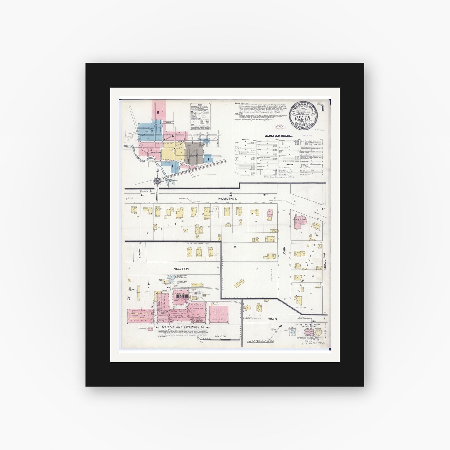 Old map wall art mockup — black gallery frame with white mat — Sanborn Fire Insurance Map from Delta, Fulton County, Ohio (1910) - Complete Map Set