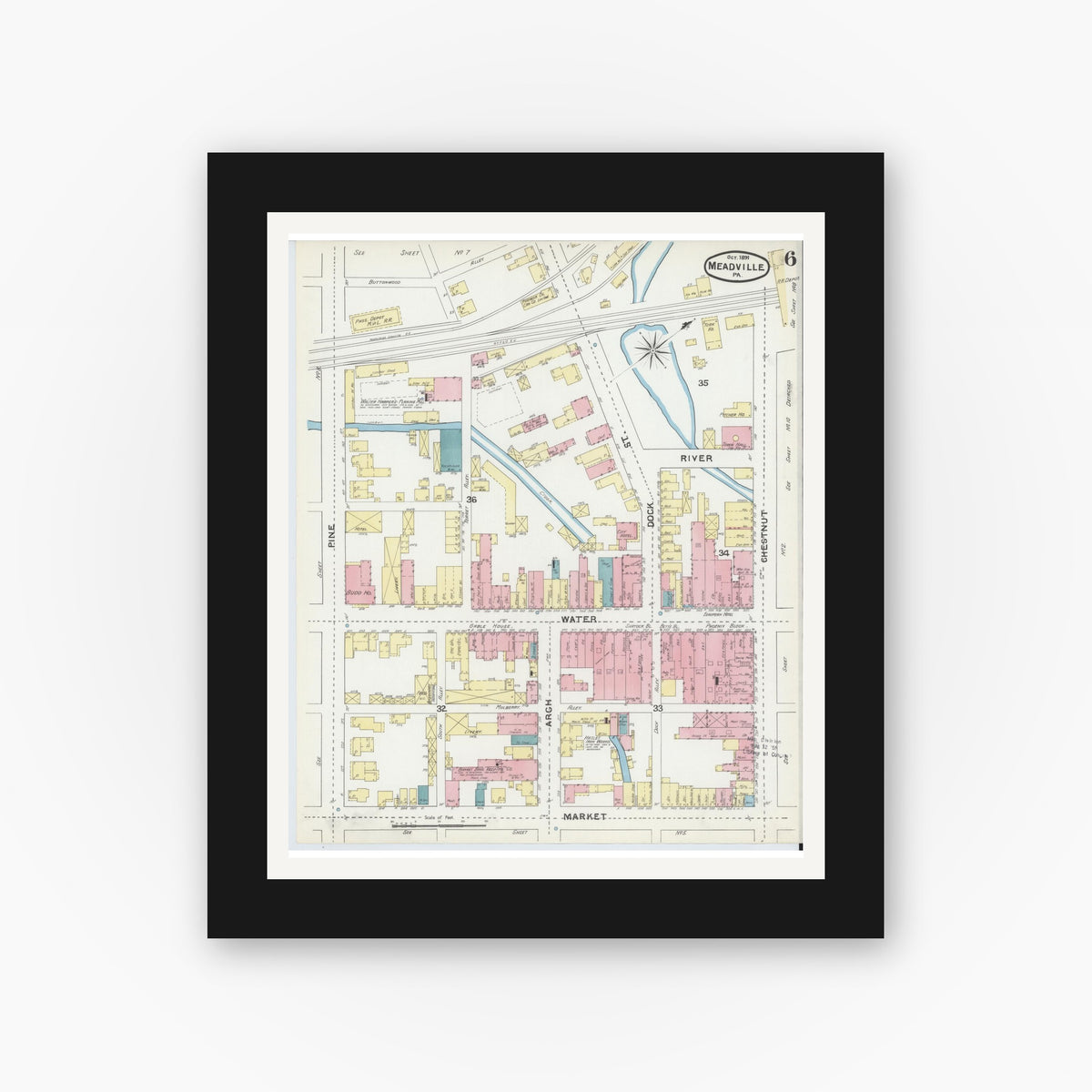 Old map wall art mockup — black gallery frame with white mat — Sanborn Fire Insurance Map from Meadville, Crawford County, Pennsylvania (1891), Sheet #0006