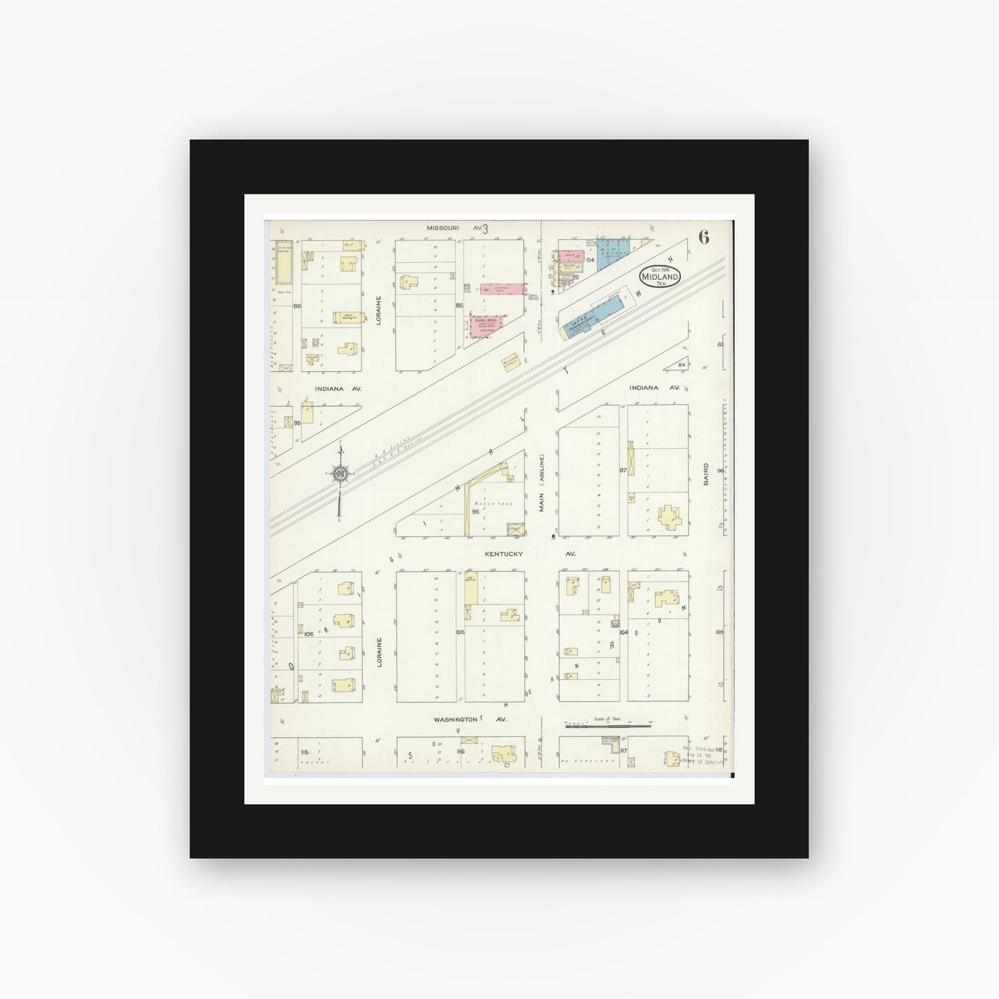 Old map wall art mockup — black gallery frame with white mat — Sanborn Fire Insurance Map from Midland, Midland County, Texas (1914), Sheet #0006