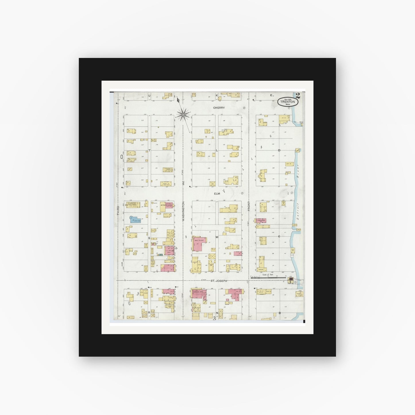 Old map wall art mockup — black gallery frame with white mat — Sanborn Fire Insurance Map from Trenton, Wayne County, Michigan (1900), Sheet #0002