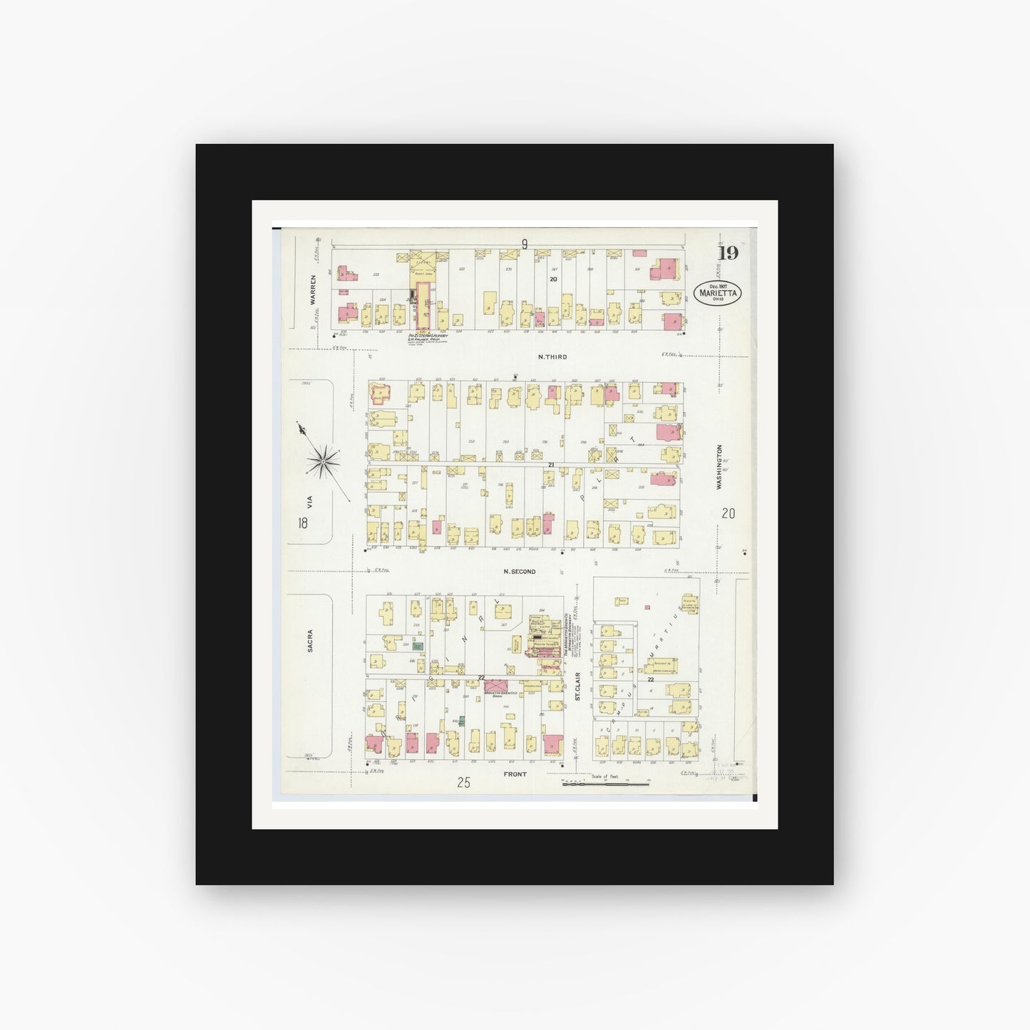 Old map wall art mockup — black gallery frame with white mat — Sanborn Fire Insurance Map from Marietta, Washington County, Ohio (1907), Sheet #0019